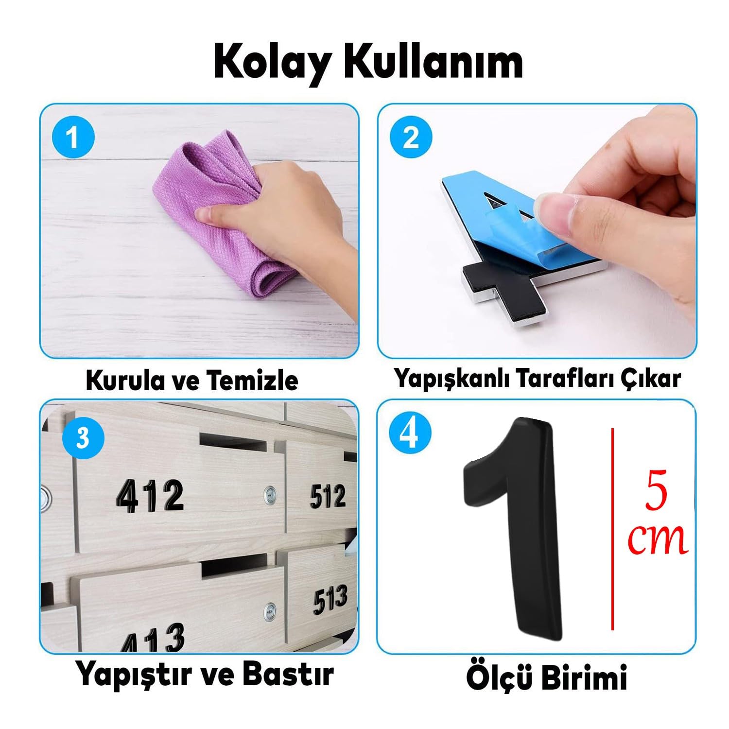 Yapışkanlı Kapı Numarası Küçük Boy 50 mm 5 cm Numara 1 Rakam Bir Sayısı Siyah Renk Numaralar 1 Adet
