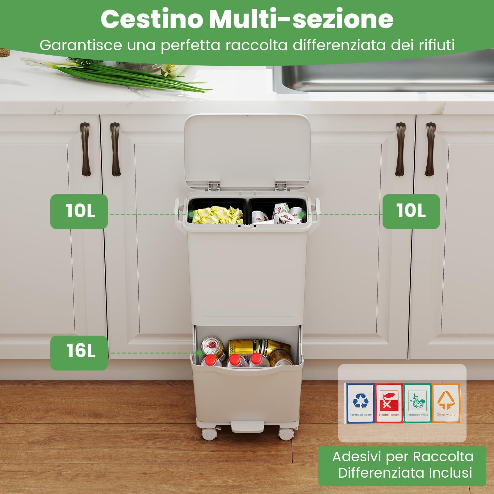 COSTWAY 40L Pattumiera Differenziata a 3 Scomparti, Bidone per Spazzatura con Cestino Rimovibile e 4 Ruote, Secchio Rifiuti a Pedale per Cucina Sala da Pranzo Soggiorno (Bianco)