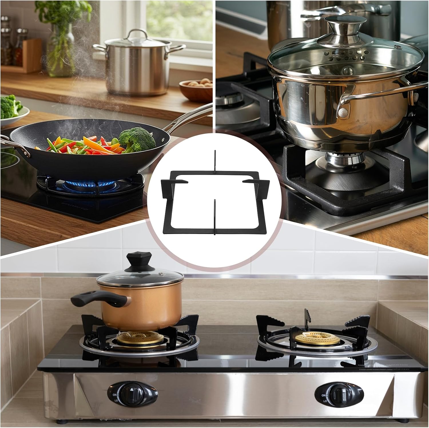 PATIKIL 2 Pcs Wok Ring for Gas Stove, 7.87 x 7.87 Inch Cast Iron Gas Stove Rack Wok Support Ring Square Stand Brackets Replacement Accessories for Home Kitchen Burner, Black
