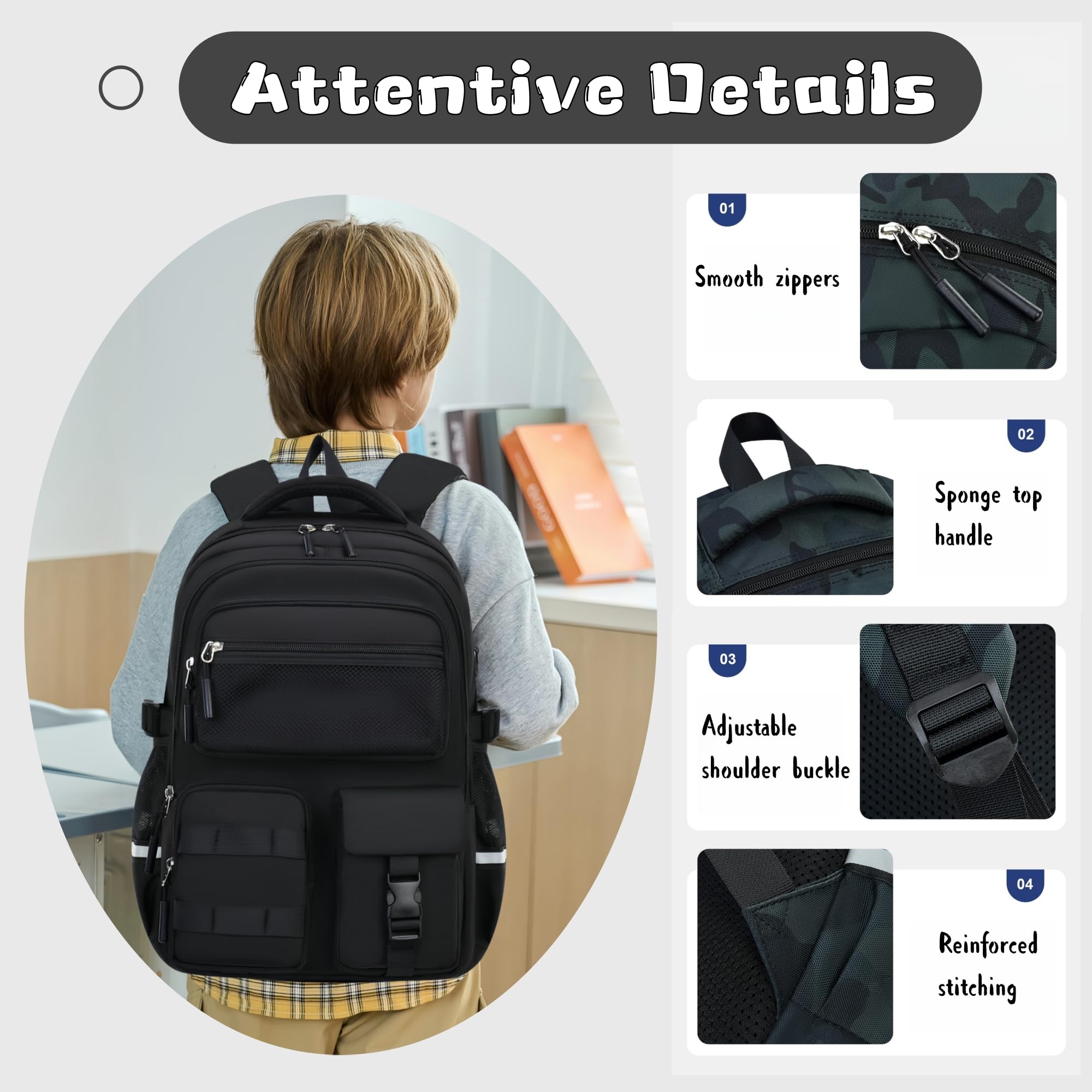 Zaino per ragazzi per bambini zaino scuola blu mimetico multi-tasca zaino zaino, Mimetico 03, L/24L