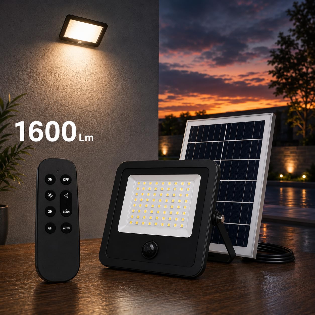 M mimotec -Faro Zewnętrzna lampa solarna LED 1600LM CCT z czujnikiem PIR, pilotem zdalnego sterowania, IP65 wodoodporna, oświetlenie LED do ogrodu, garażu, tarasu i podjazdu