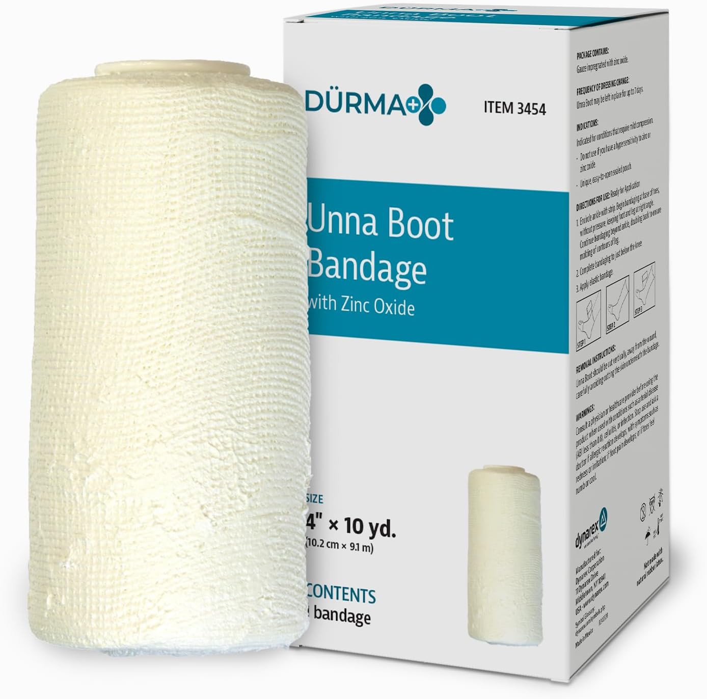 Dynarex Dürma+ Unna Boot Bandage with Zinc Oxide - Maintains Moist Environment and Provides Compression for Leg Ulcers, Edema, Sprains - 4" x 10 yds - Box of 1 Roll