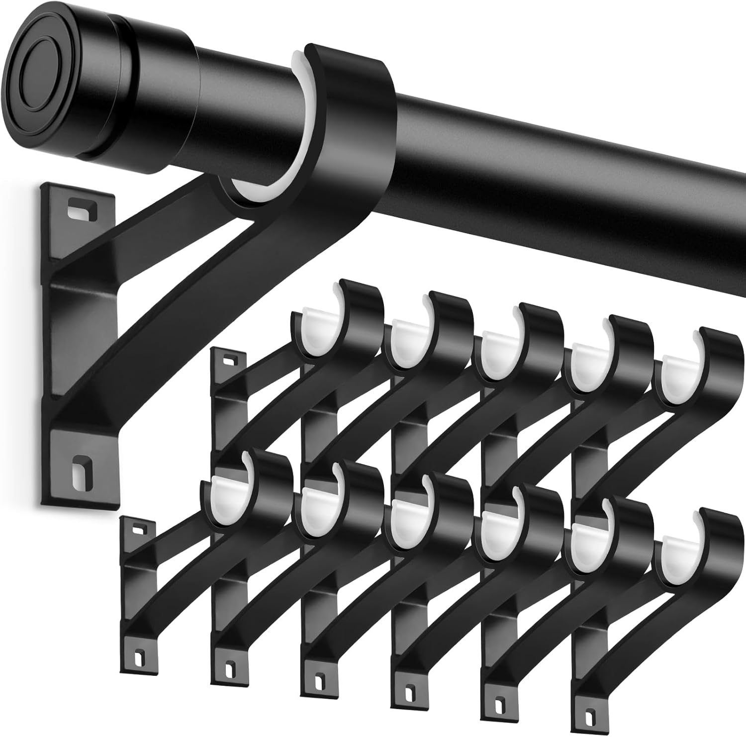 KOLAKO Curtain Rod Bracket, 12 Pack Heavy Duty Holders, Black Hooks Hangers for Wall, Drapery Rod Support for 1 Inch Poles