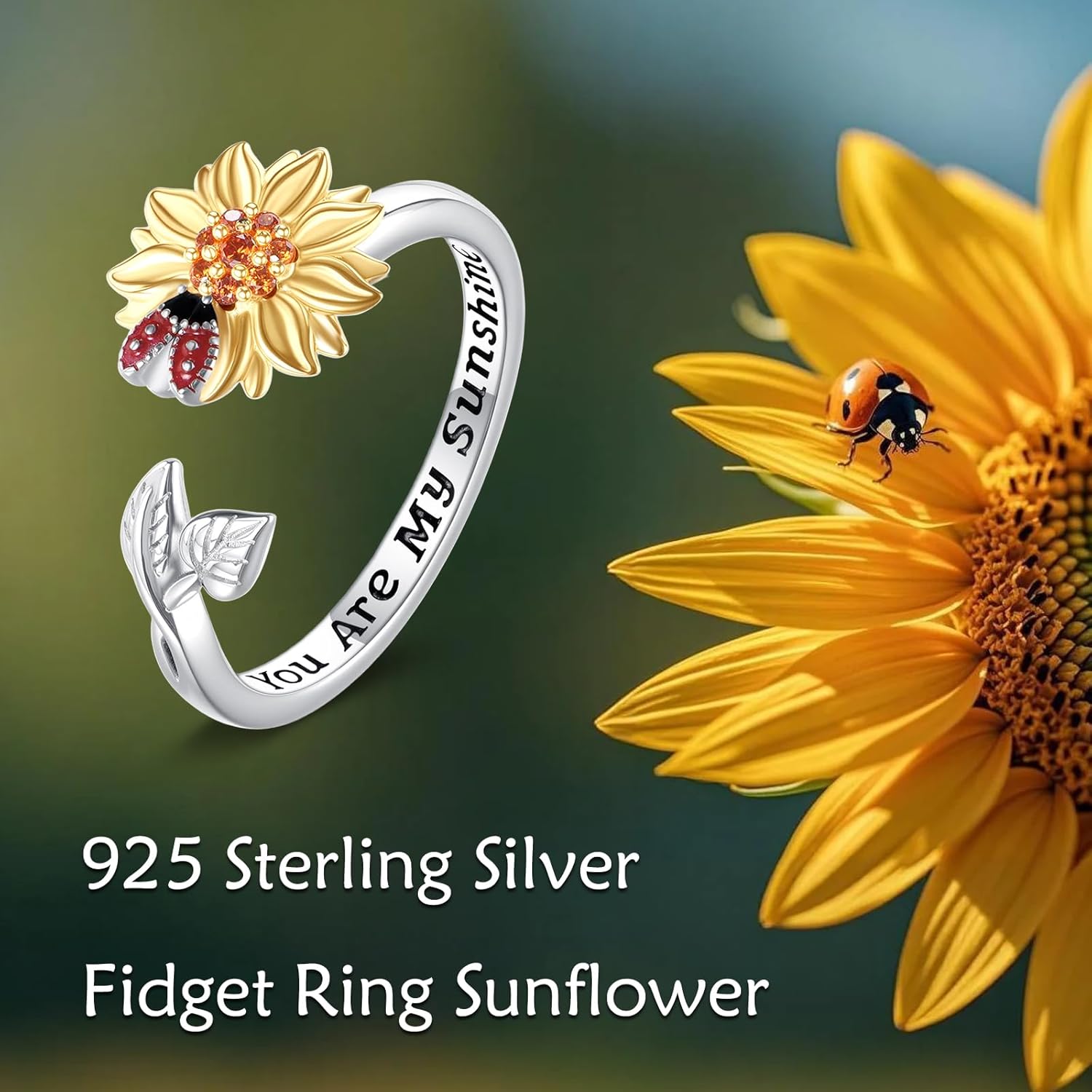 ONEFINITY Sunflower Fidget Ring 925 Sterling Silver Ladybug/Bee Spinner Ring You Are My Sunshine Stress Relieving Adjustable Anxiety Birthday Jewelry Gift for Women Mom Grandma Sunflower Lover