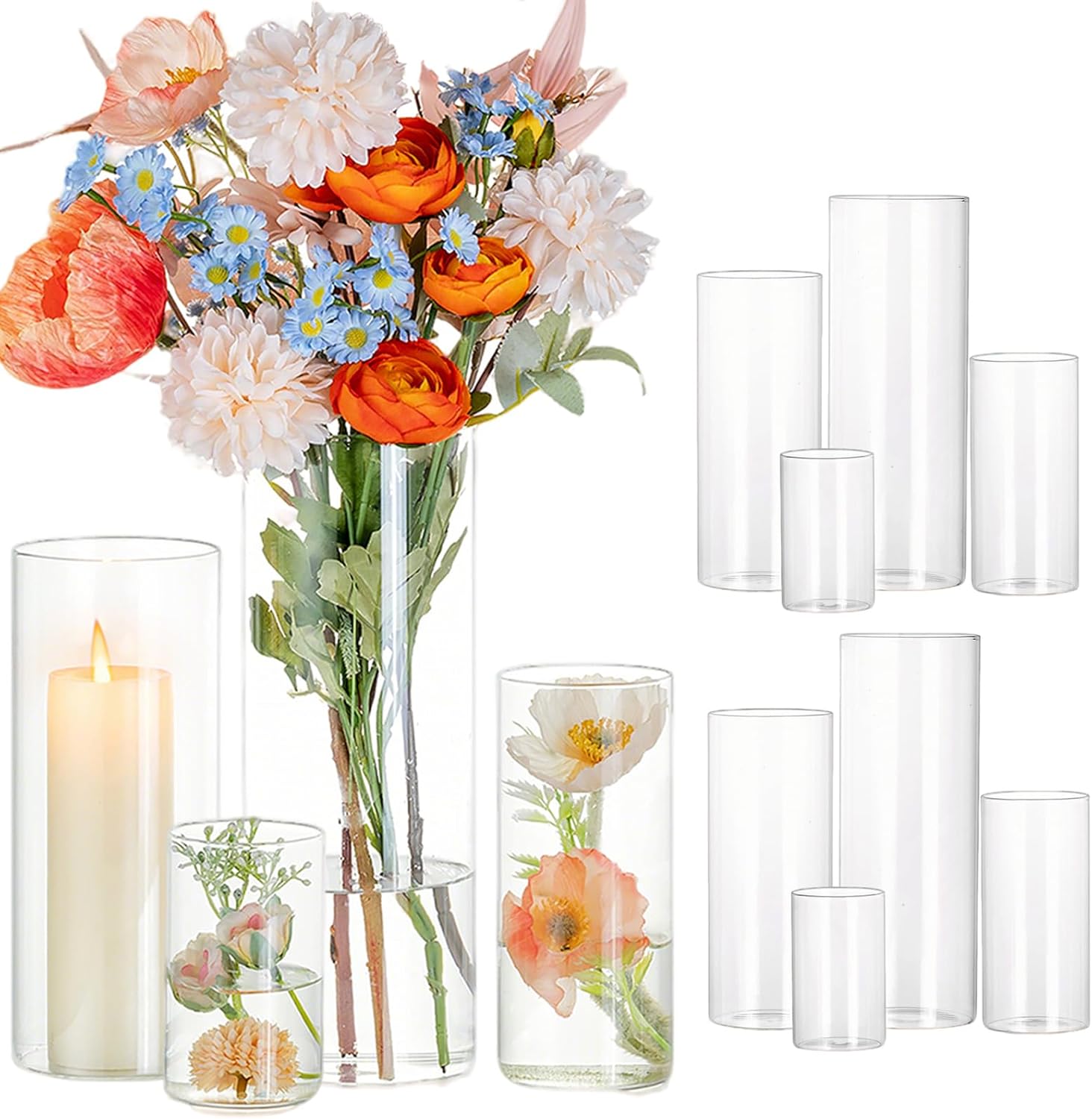 Glasseam Cylinder Glass Vases for Centerpieces: 12 Pack Clear Flower Vase Bulk 4" 6" 8" 10" Hurricane Floating Pillar Candle Holder - Modern Centerpiece for Wedding Dining Home Table Decor