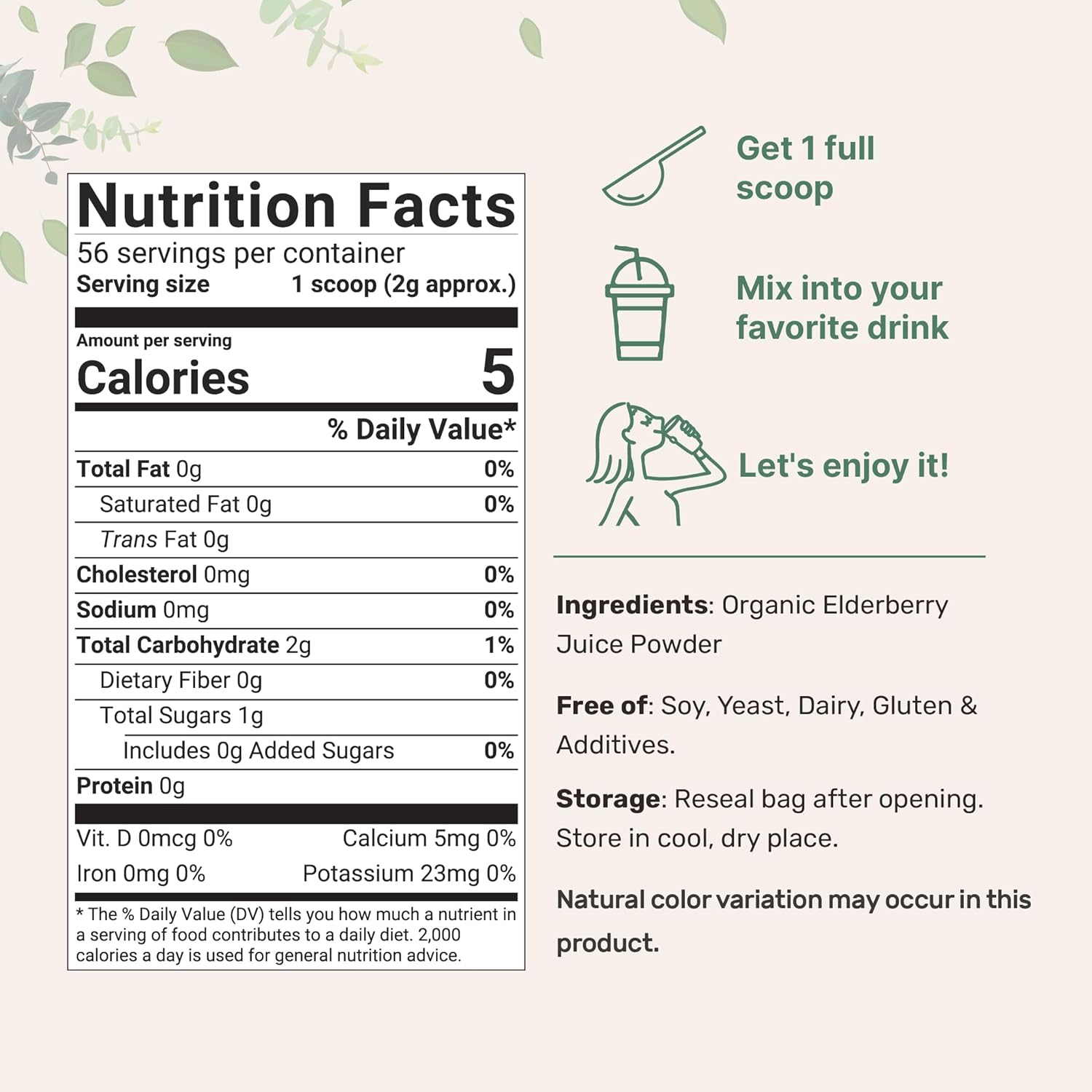 Organic Elderberry Juice Powder, 4oz | 100% Natural Fruit Powder | Cold Pressed European Elderberries | No Sugar & Additives | Great Flavor for Drinks, Smoothie, & Beverages | Non-GMO & Vegan