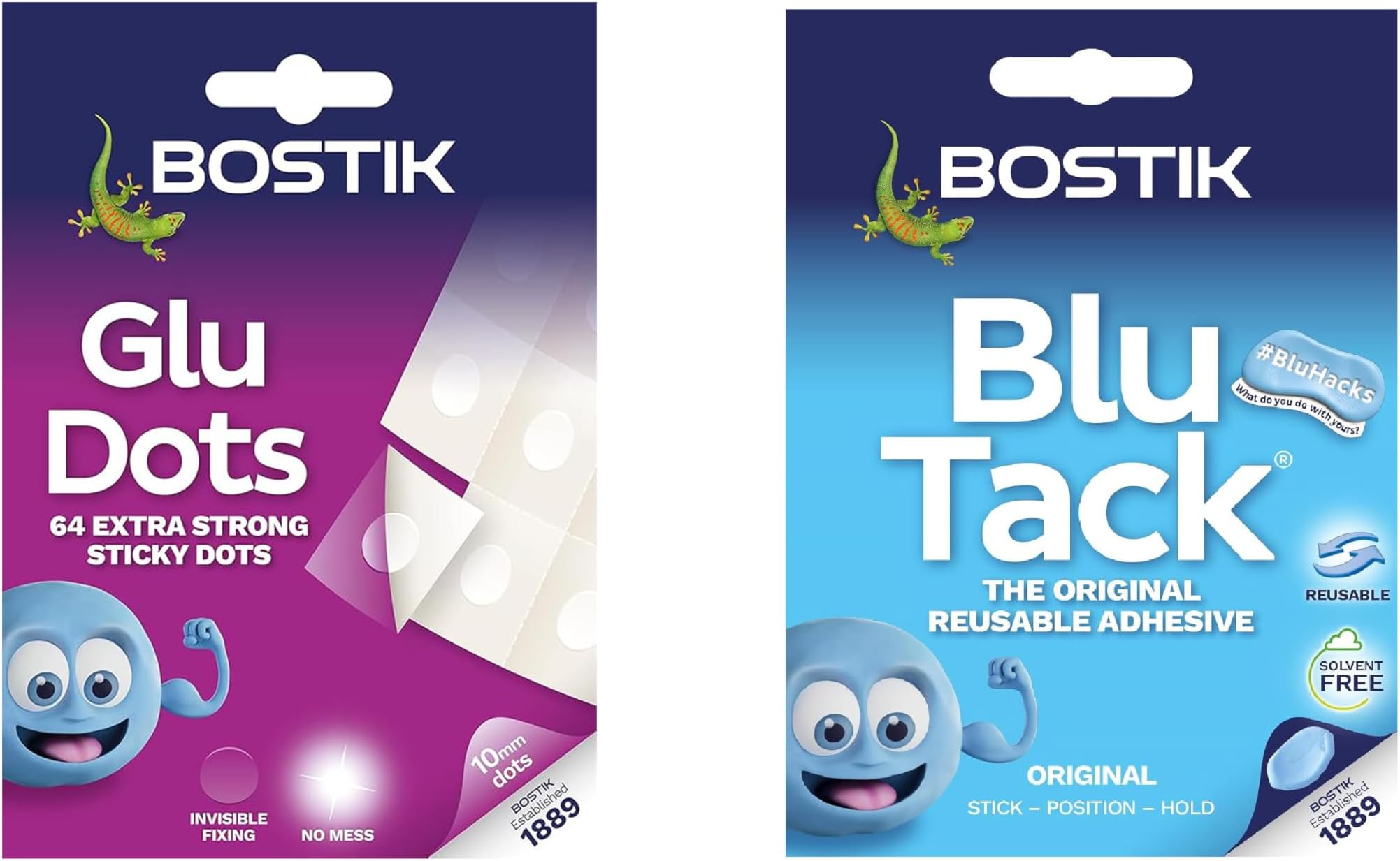 Bostik Blu Tack Handy Pack 45g Putty Reusable Adhesive Non Toxic + Bostik Stick Dots Extra Strong 64 X Dots