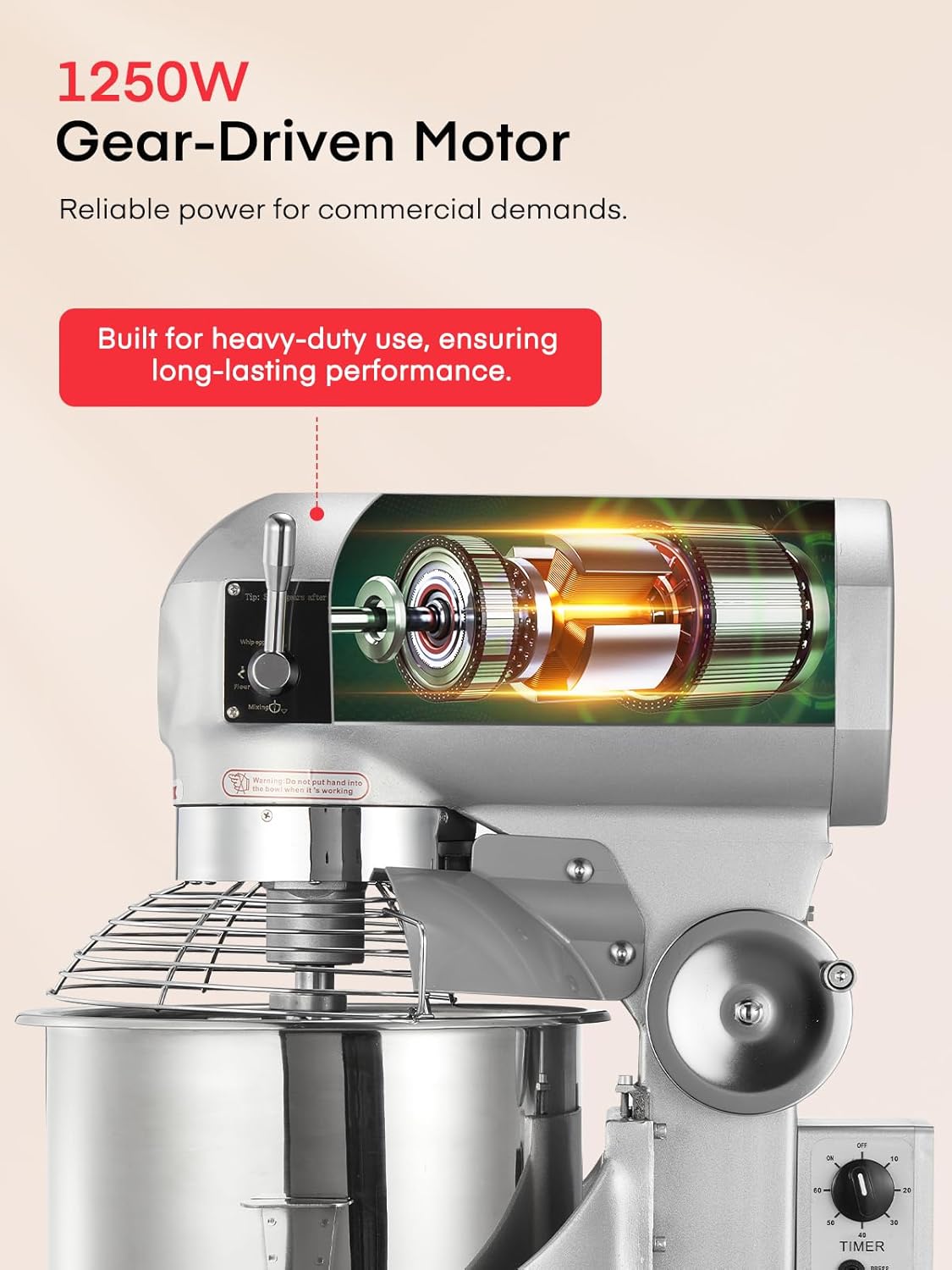 Commercial Mixer 1250W 30Qt, with Timer, Stainless Steel Bowl & Safety Guard, 3-Speed Adjustable Heavy Duty Dough Mixer Includes Dough Hook, Flat Beater, Wire Whip for Bakeries, Pizzeria, Hotels