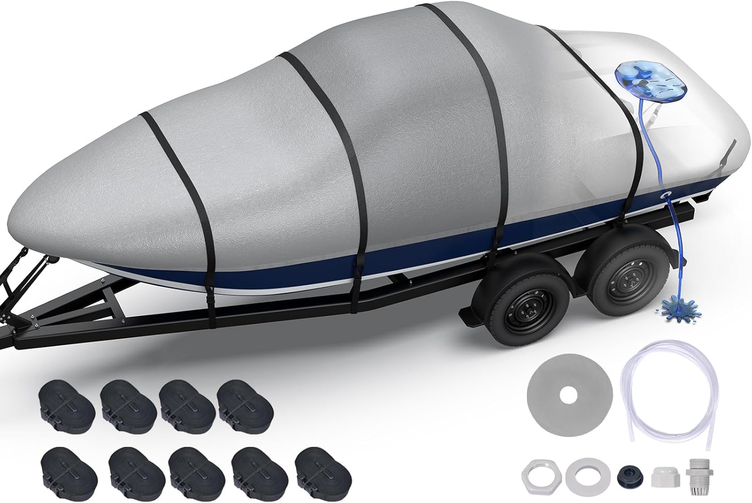 Heavy Duty Boat Cover 16'-18.5', 1400D Middle Reinforced Waterproof Polyester Canvas, Trailerable Boat Cover with Fast Drainage Kits Fit 16-18.5ft V-Hull/Tri-Hull/Runabout/Bass Boat/Fish & Ski, Gray