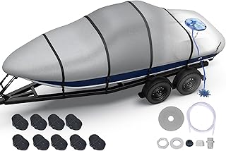 Heavy Duty Boat Cover 20'-22', 1400D Middle Reinforced Waterproof Polyester Canvas, Trailerable Boat Cover with Fast Drainage Kits Fit 20-22ft V-Hull/Tri-Hull/Runabout/Bass Boat/Fish & Ski, Gray