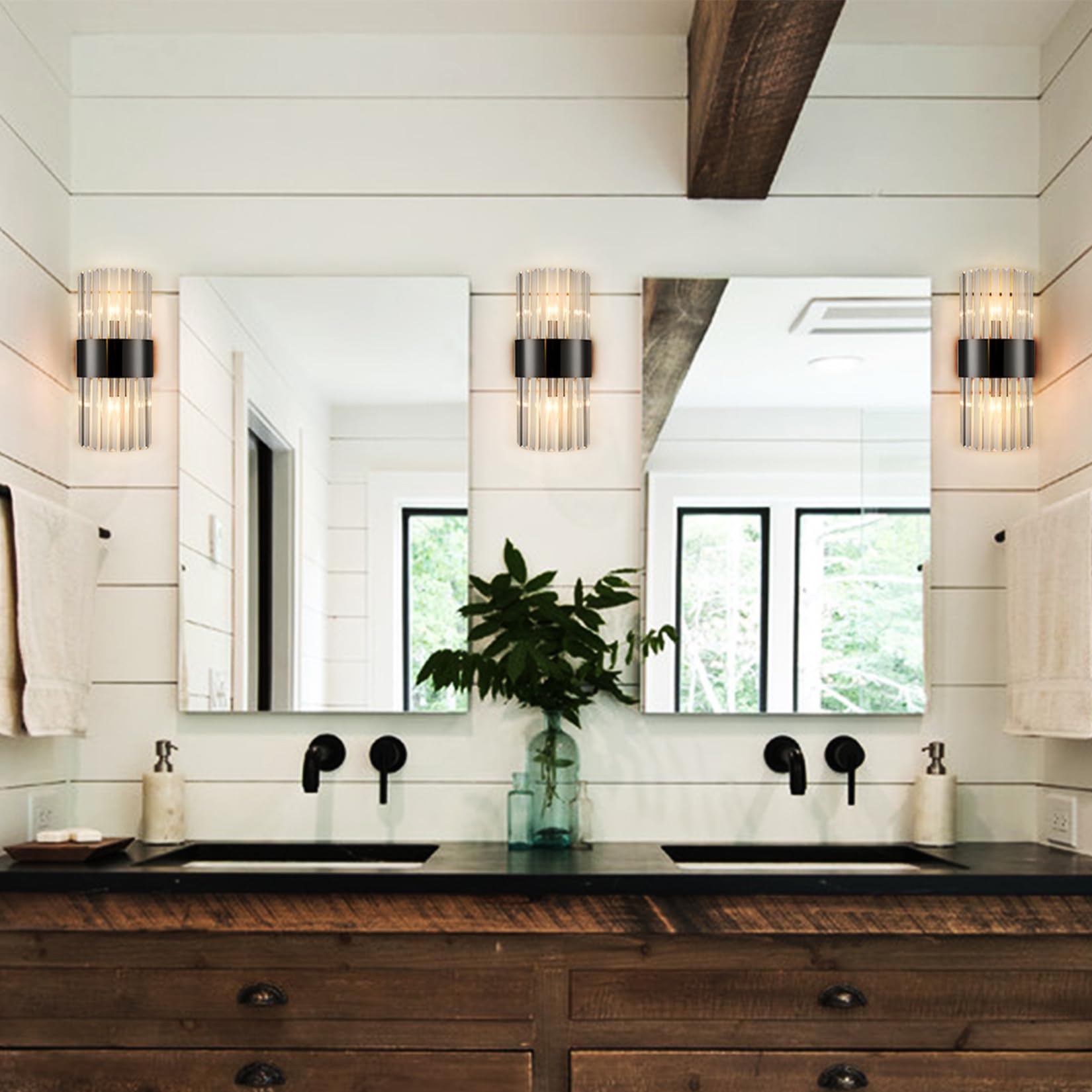 SAMTEEN Crystal Wall Sconces Set of Two Modern Titanium Black Crystal Sconces Wall Lighting 2-Light Clear Glass Wall Light Fixtures for Bathroom Hallway Bedroom