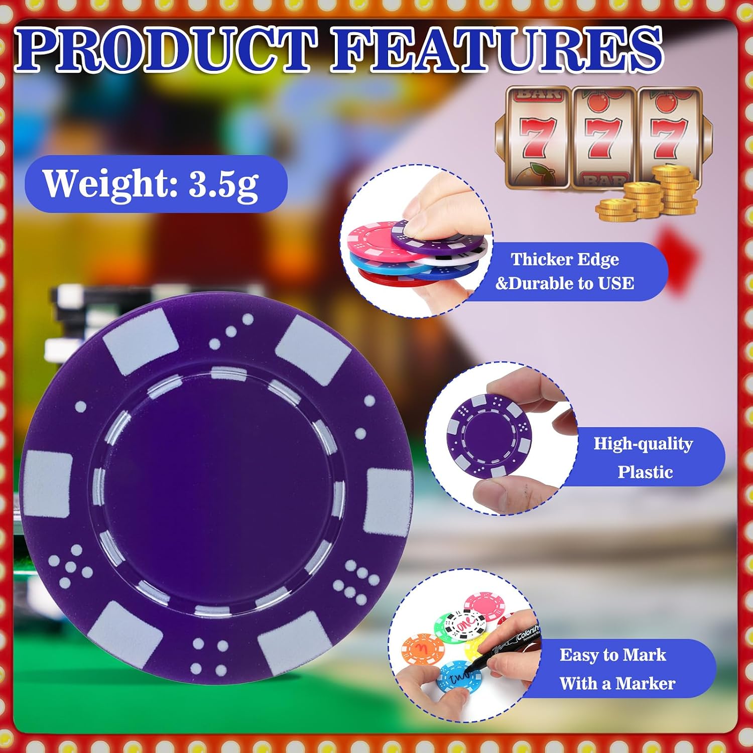 Coopay 200 Pcs Plastic Poker Chips for Texas Hold'em, Blackjack, Poker Chips Set with Dice Striped Edges for Card Board Game, Card Club Late Game Night Home Themed Events Party Supplies (Purple) image 4
