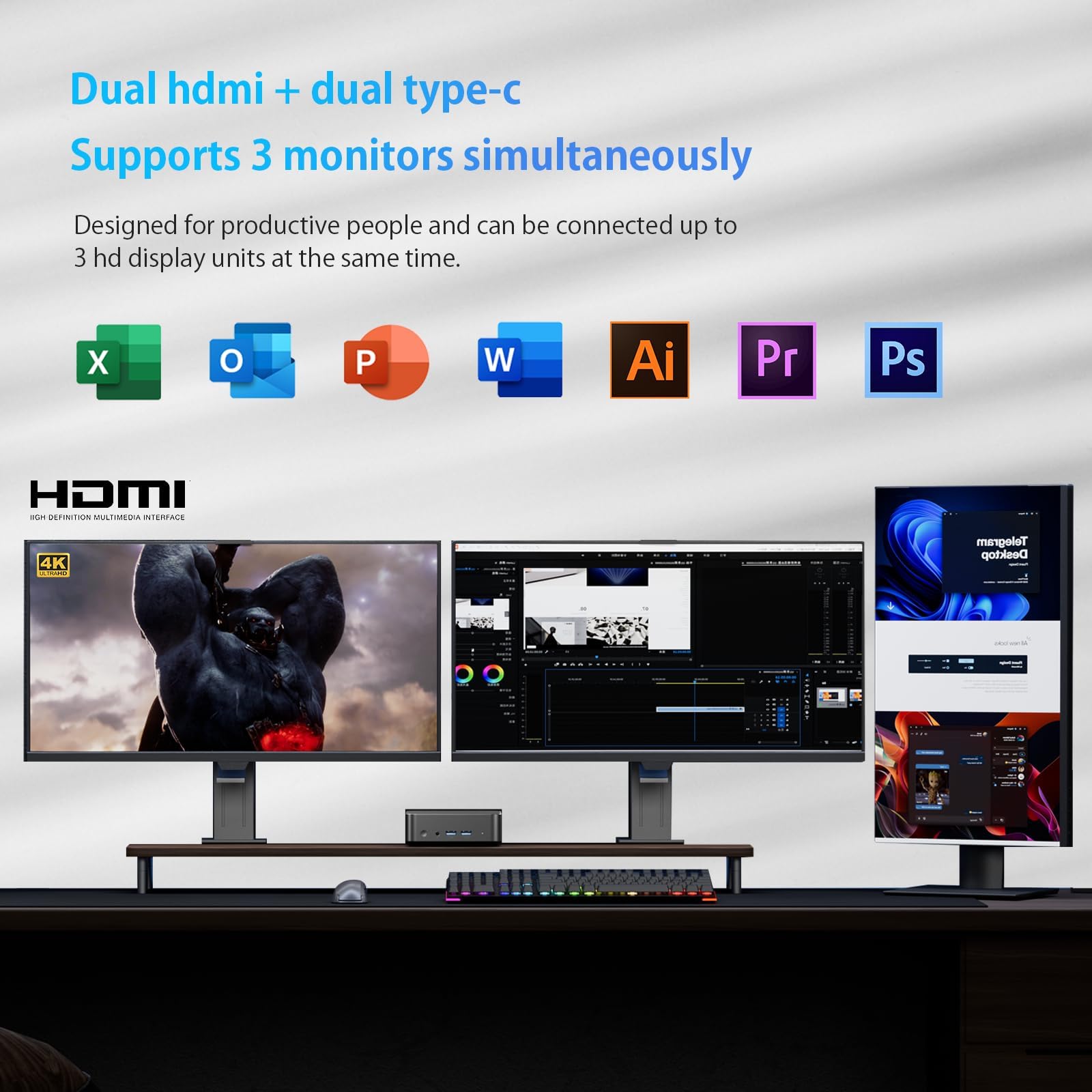 AskHand Mini PC Nth12-100 (4C/4T, 3.4GHz) 16GB DDR4 RAM 512GB SSD Windows11pro/ WIFI5/ Bluetooth 5.2/ RJ45/USB*4 / HDMI*2/USBC*2 Triple Display 4K@60Hz, Power Saving Mini Computer