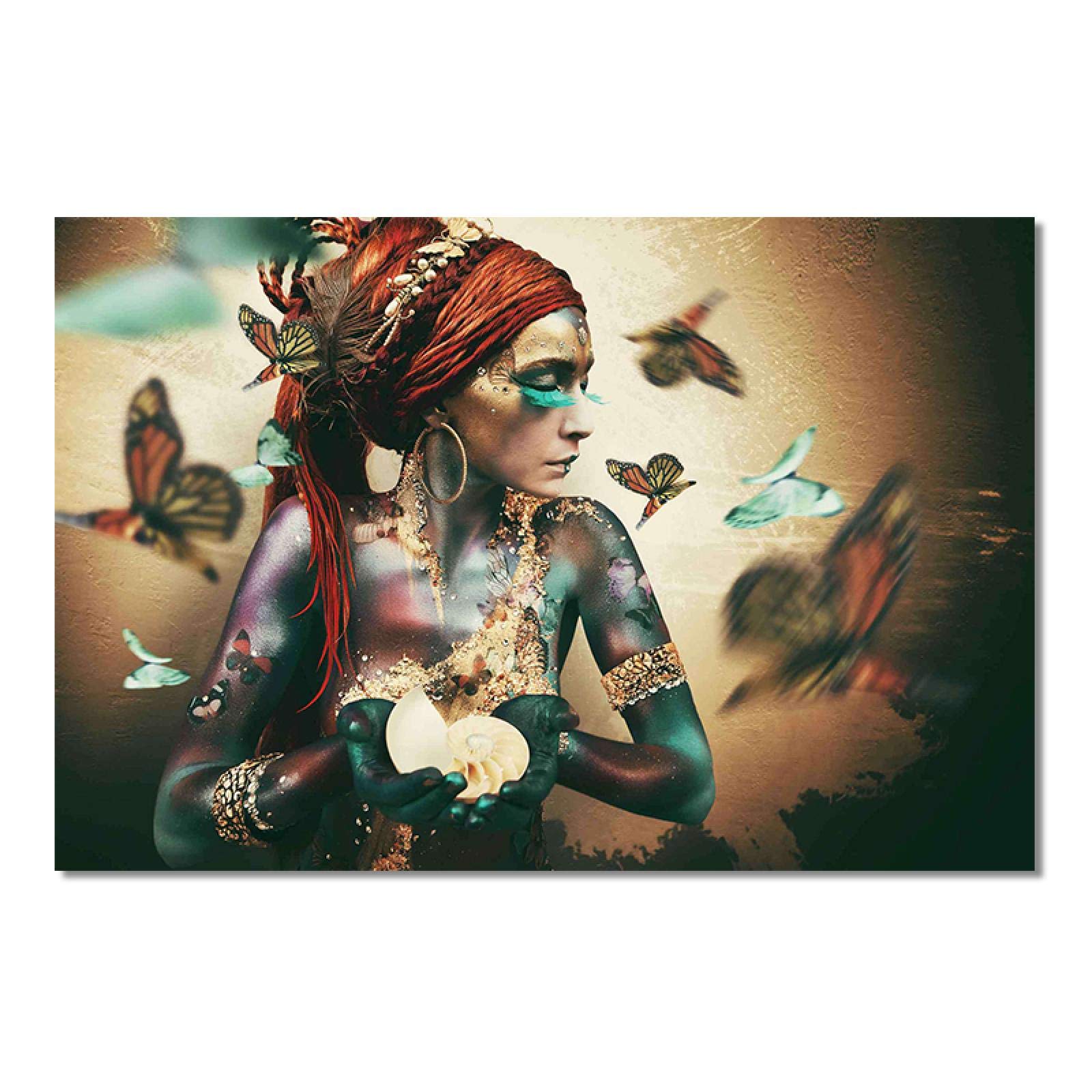 Yooyu Cuadros de pintura de lienzo de mariposa de mujer africana, carteles e impresiones, cuadro de arte de pared escandinavo para decoración de sala de estar, 40x70cm (16x28in), marco dorado