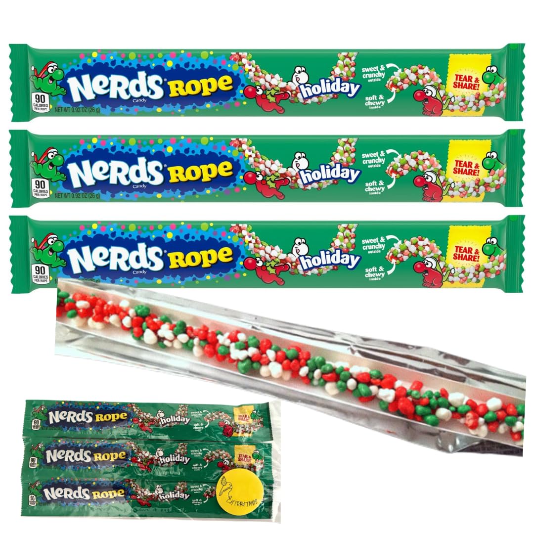 Special Edition Nerds Rope Holiday Candy | Single Serving, Indivisually Wrapped | Candy For Christmas Stocking | Crunchy Chewy Gummy Candy | 0.92 oz (Pack of 3) | with CHIRPFINDS STICKER