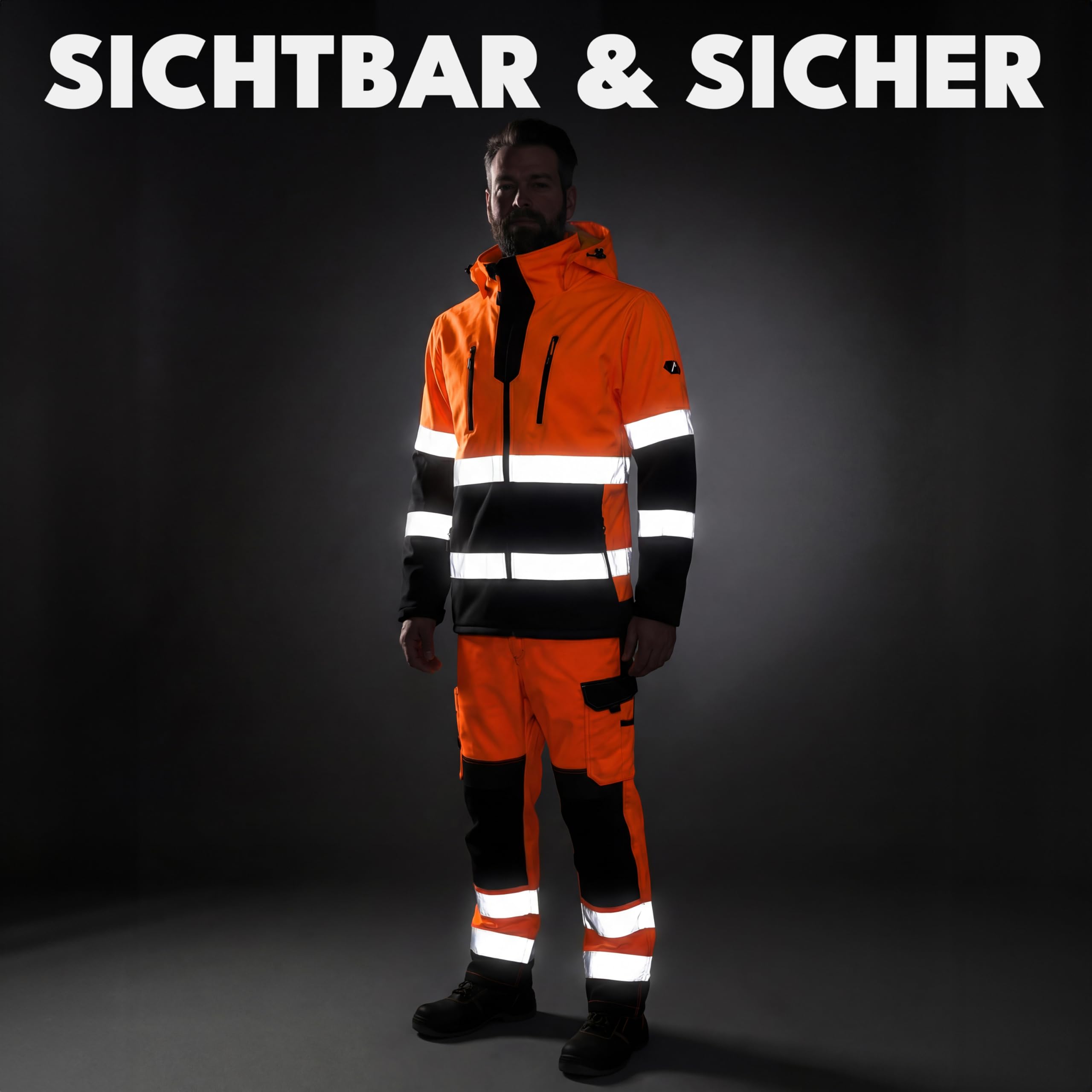 ACE Neon Chaqueta de alta visibilidad: resistente chaqueta softshell de advertencia con reflectores y capucha desmontable - EN ISO 20471 - Naranja