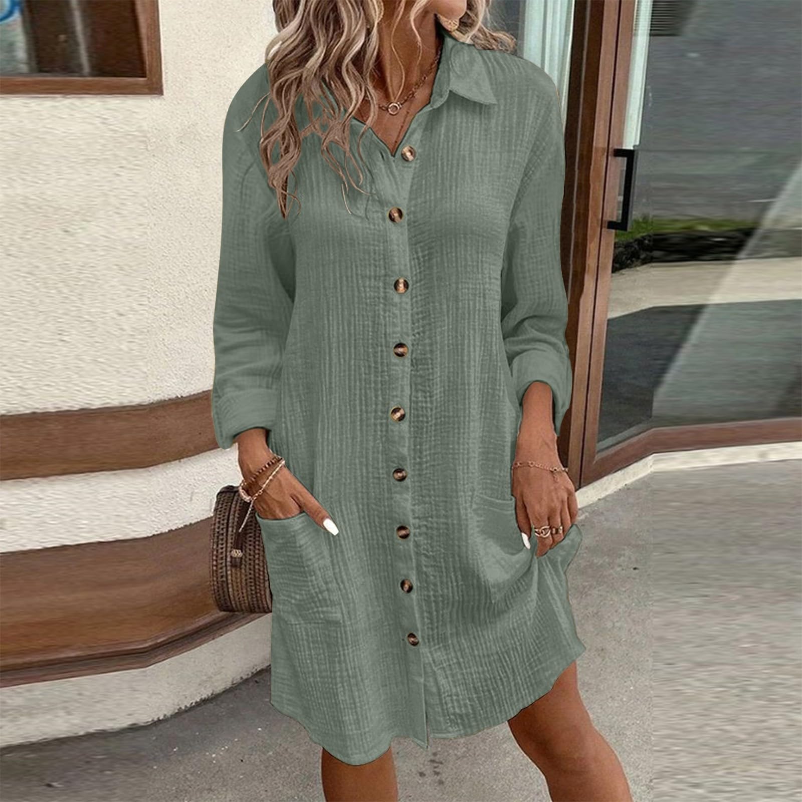 Vestido de lino para mujer, de verano, largo hasta la rodilla, muselina, vestido camisero, ligero y aireado, vestido holgado, vestido midi liso, elegante, vestido de blusa, cuello en V, manga