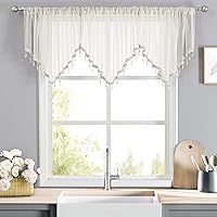 Vista 22 de WUBODTI Cenefas transparentes para ventanas de sala de estar, cortina triangular de encaje con cuentas de cristal, 51 pulgadas de ancho x 24 Beige