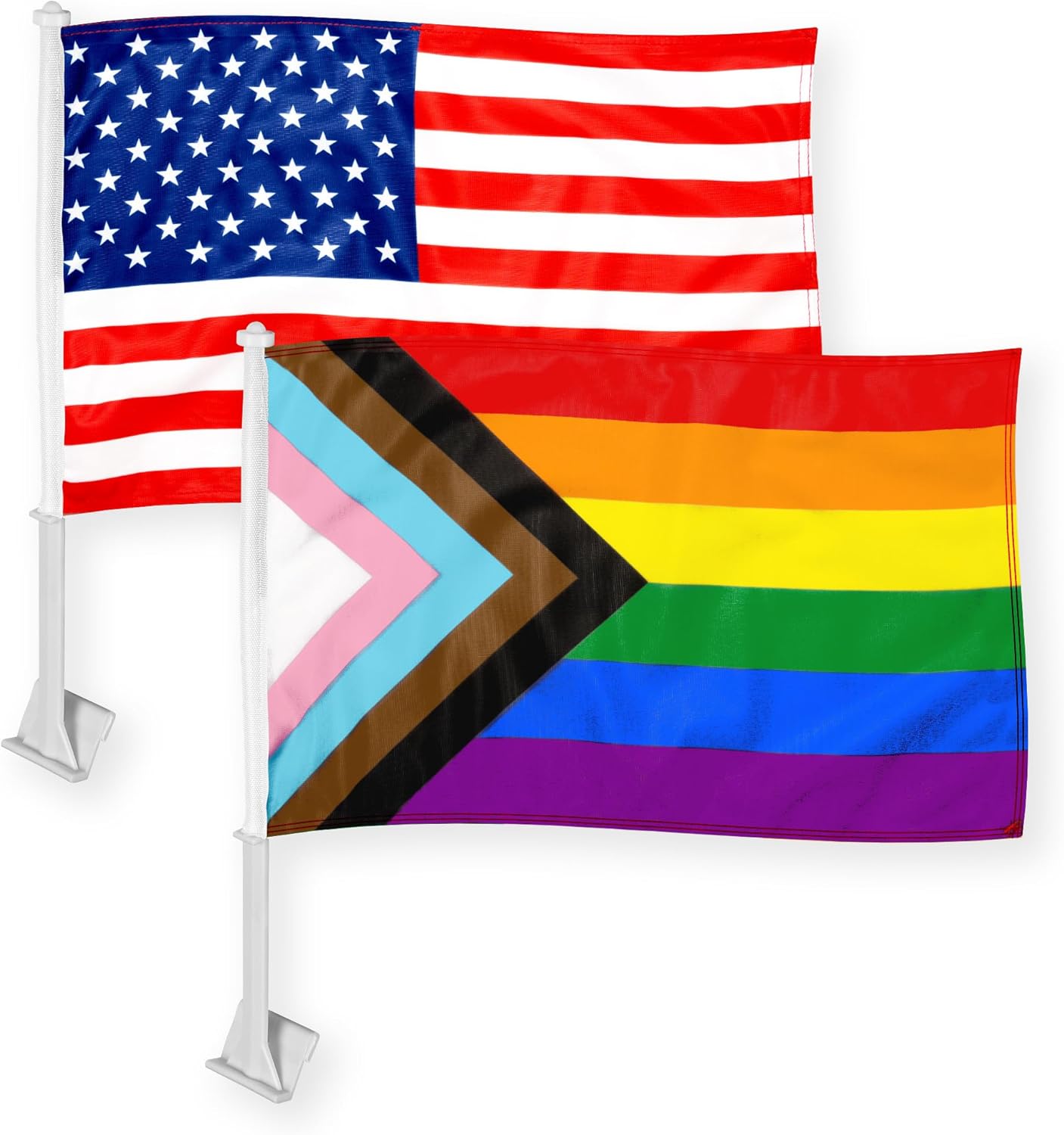 G128 Combo Pack: American USA Car Flag & LGBT Progress Rainbow Pride Car Flag 11x17 In | Both Double Sided Printed 150D Polyester | Flagpole Included | Perfect for Festival Celebrations, Parades