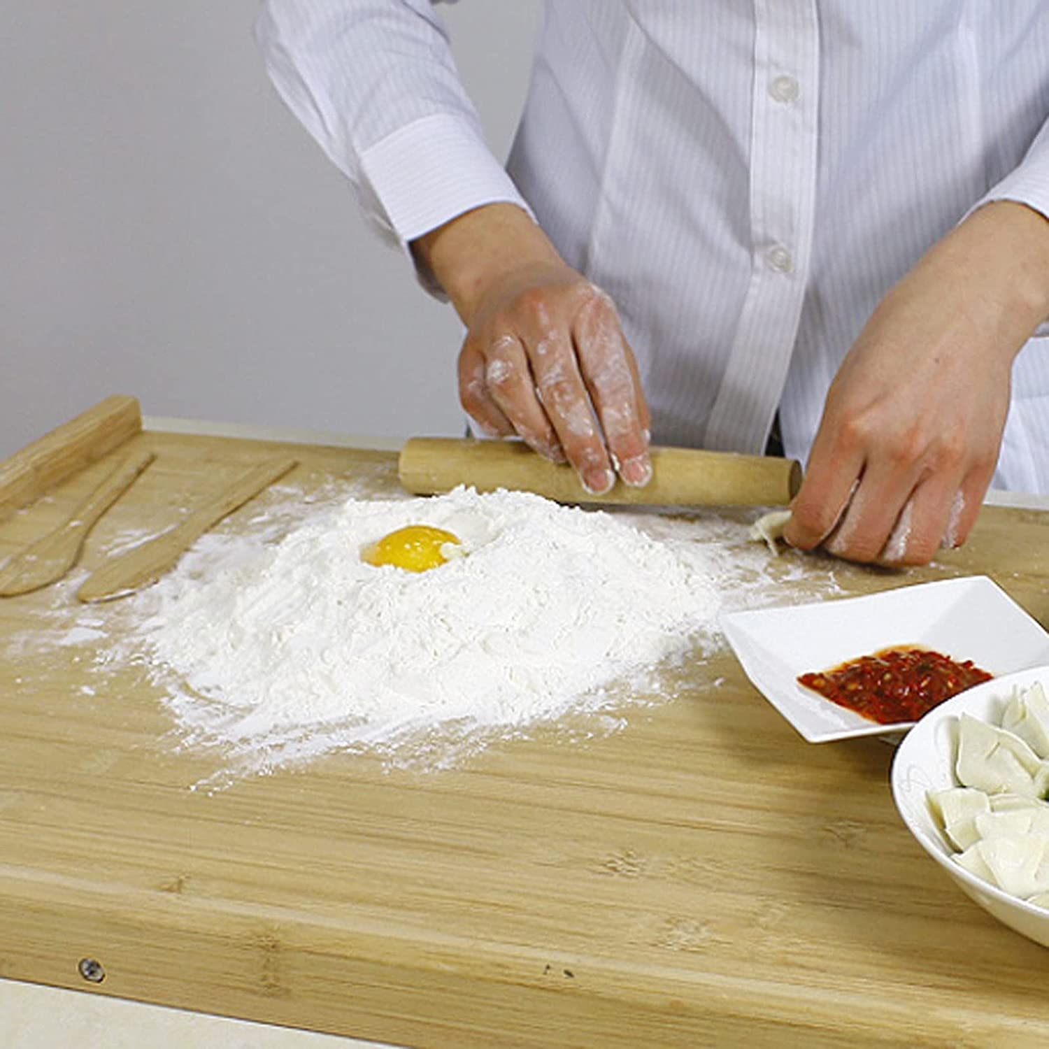 ACiyD Set di mattarelli in bambù con Rullo per Pasta Set di mattarelli e cucchiai di consistenza Chiara Durevole Liscia Mattarelli di Colore Legno Chiaro