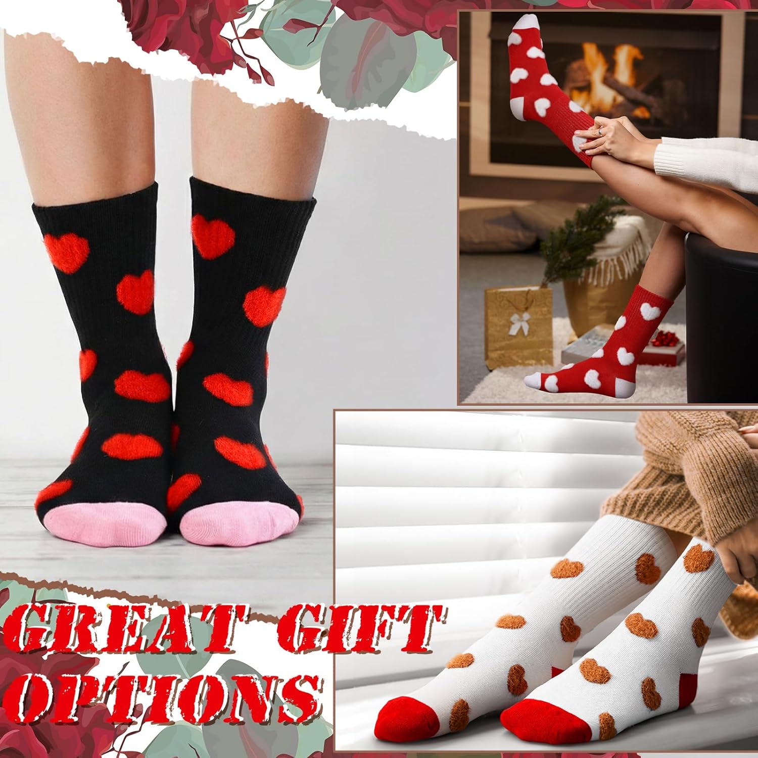 5 Pairs Valentine's Day Heart Socks Galentines Day Gifts for Women Pink White Red Black Crew Athletic Socks 3D Heart - Image 6