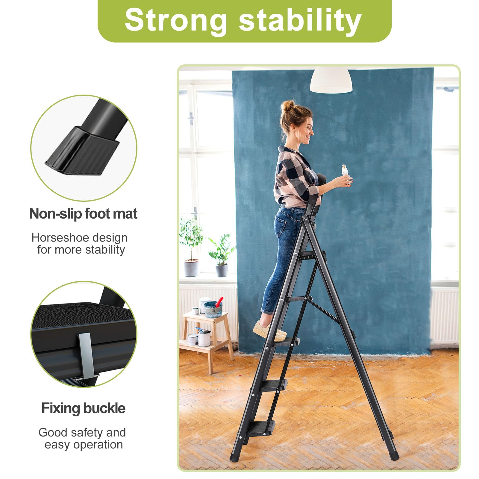 Scala a 5 gradini, scale per la casa, pedali antiscivolo, sgabello pieghevole in alluminio, leggero da spostare, facile da riporre, portatile, per armadio, cucina, biblioteca, supporta 136 kg (nero