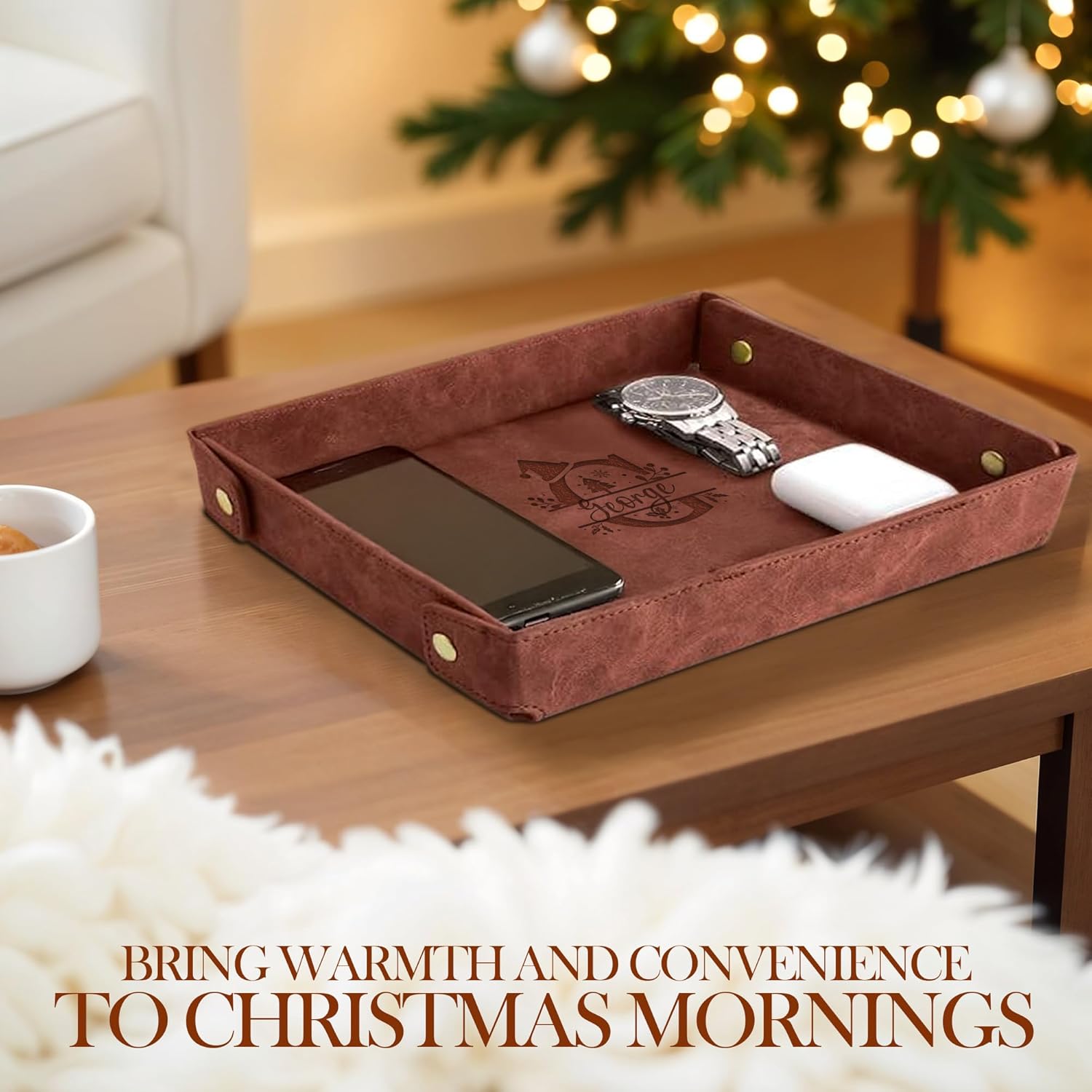 Engraved Christmas Light Coffee Leather Valet Tray – Personalized Rectangle Catchall Organizer for Wallet, Keys & Jewelry – Gift for Men, Dad, Couples – Dresser Top or Coffee Table Decor
