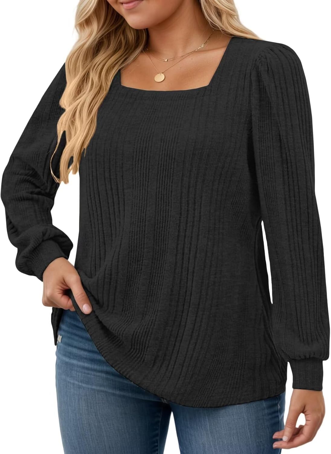 VISLILY Womens-Plus-Size-Long-Sleeve-Tops Cute Square Neck Lightweight Sweaters Casual Loose Fit Shirts Trendy Blouses Tunics