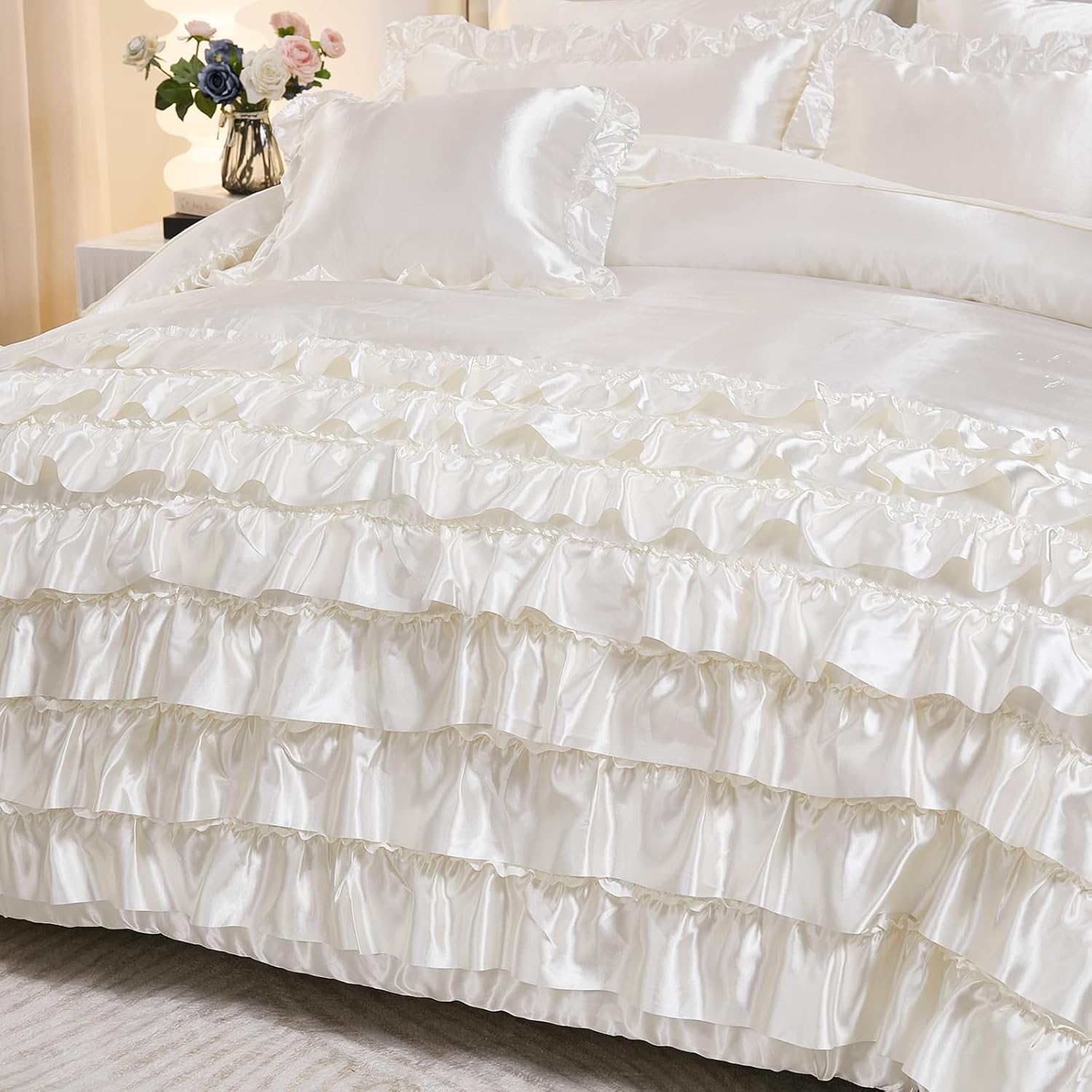 MOVE OVER Satin Ruffle Comforter Set 8 Pieces Bed in a Bag King Size Silk Like Satin White Waterfall Ruffle Comforter Set 8 Pieces Girls Romantic Layers Ruffled Bedding Set for All Seasons - Image 5