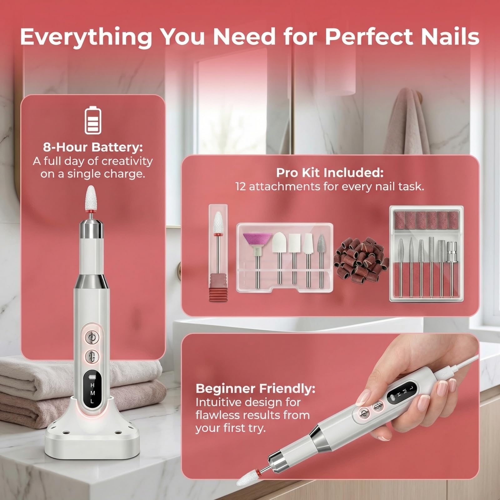 Elektrischer Nagelfräser Kabellos, 45000 U/min Professionelles Nagelfeile Set für Gelnägel & Acrylnägel, 12 in 1 Maniküre und Pediküre Gerät mit Verstellbarer Geschwindigkeit für Anfänger