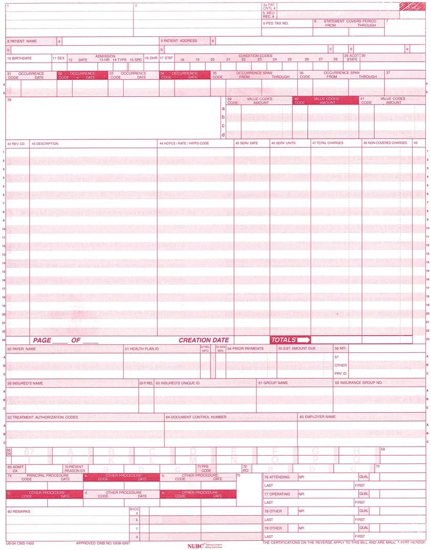 CMS 1450 / UB04 Medical Billing forms (500 Sheets)