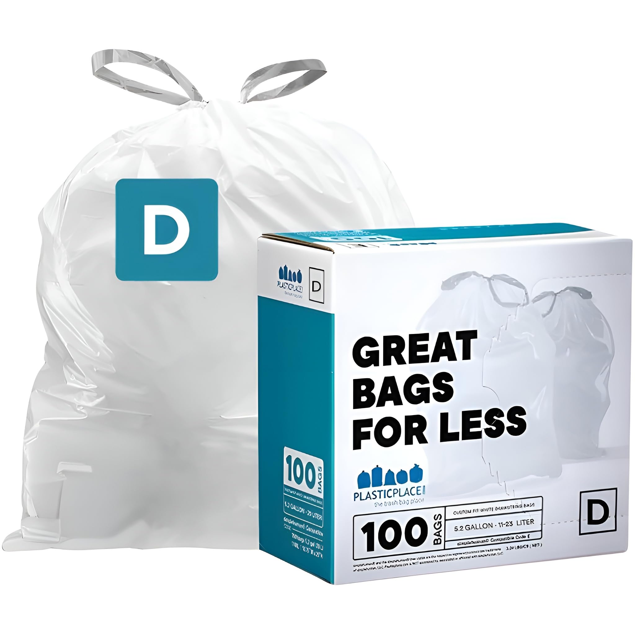 Plasticplace Custom Fit Bin Bags, Compatible with simplehuman Code D (100 Count) White Drawstring Bin Liners 5.3 Gallon / 20 Liter, 15.75" x 28"