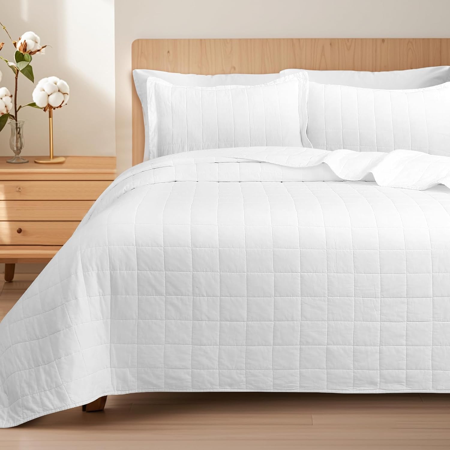 Quilt Queen Size Bedding Sets - 100% Cotton Lightweight Luxury Comforter Set, Full Size Stitching Bedspreads Coverlet with 2 Pillowcase Suit for All Season, White