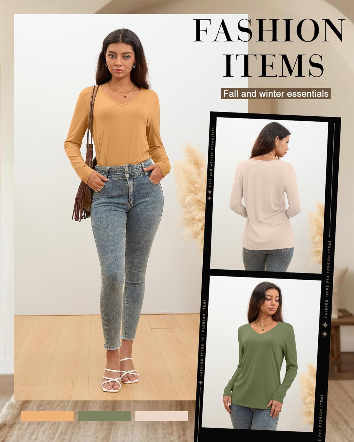 Ficerd 3 Pack Women's Long Sleeve T Shirts, V Neck Basic Tops Fall Casual Trendy Tees Loose Fit Soft Clothes Outfits - Image 6