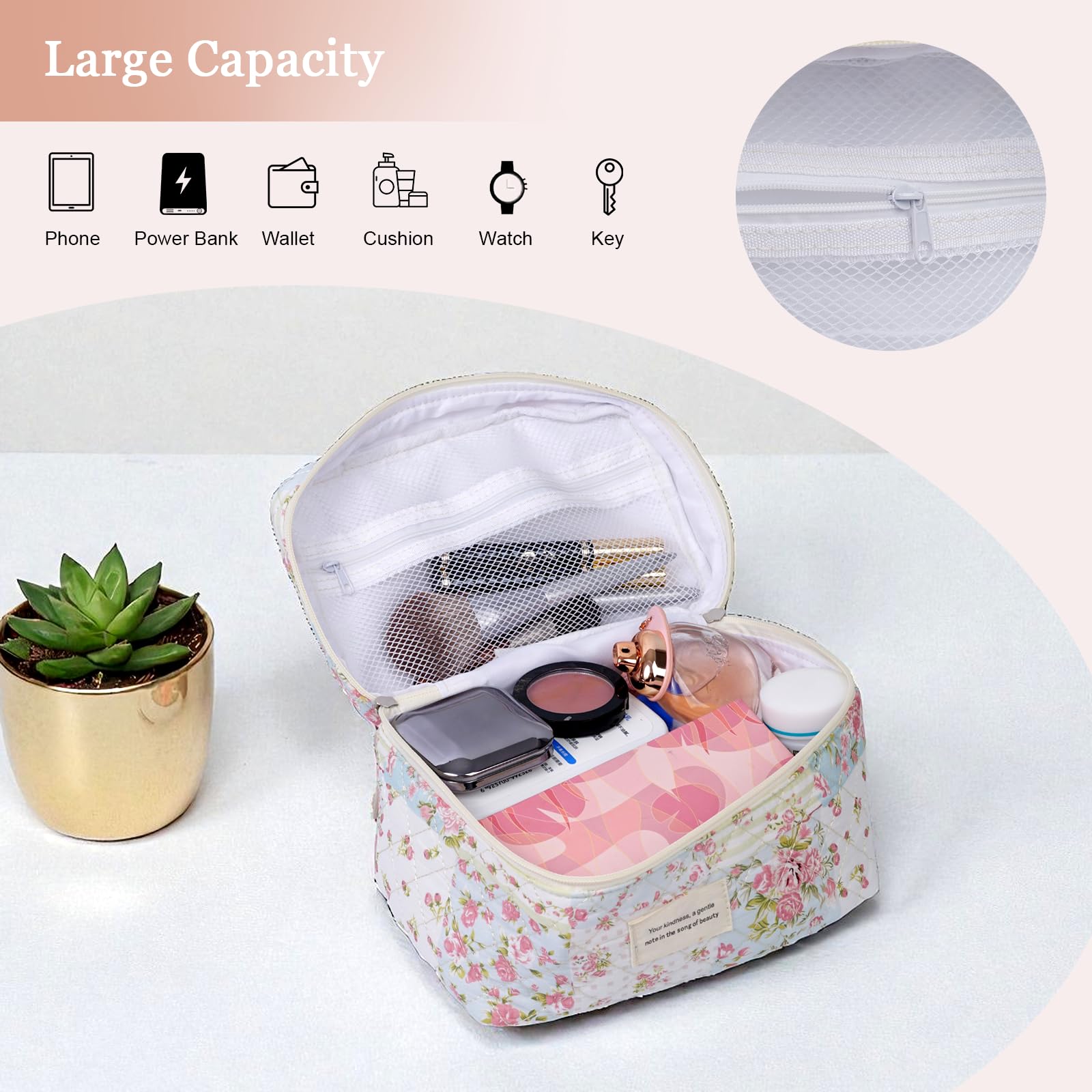 VIWIME Quilted Cotton Makeup Cosmetic Bag Travel Organizer