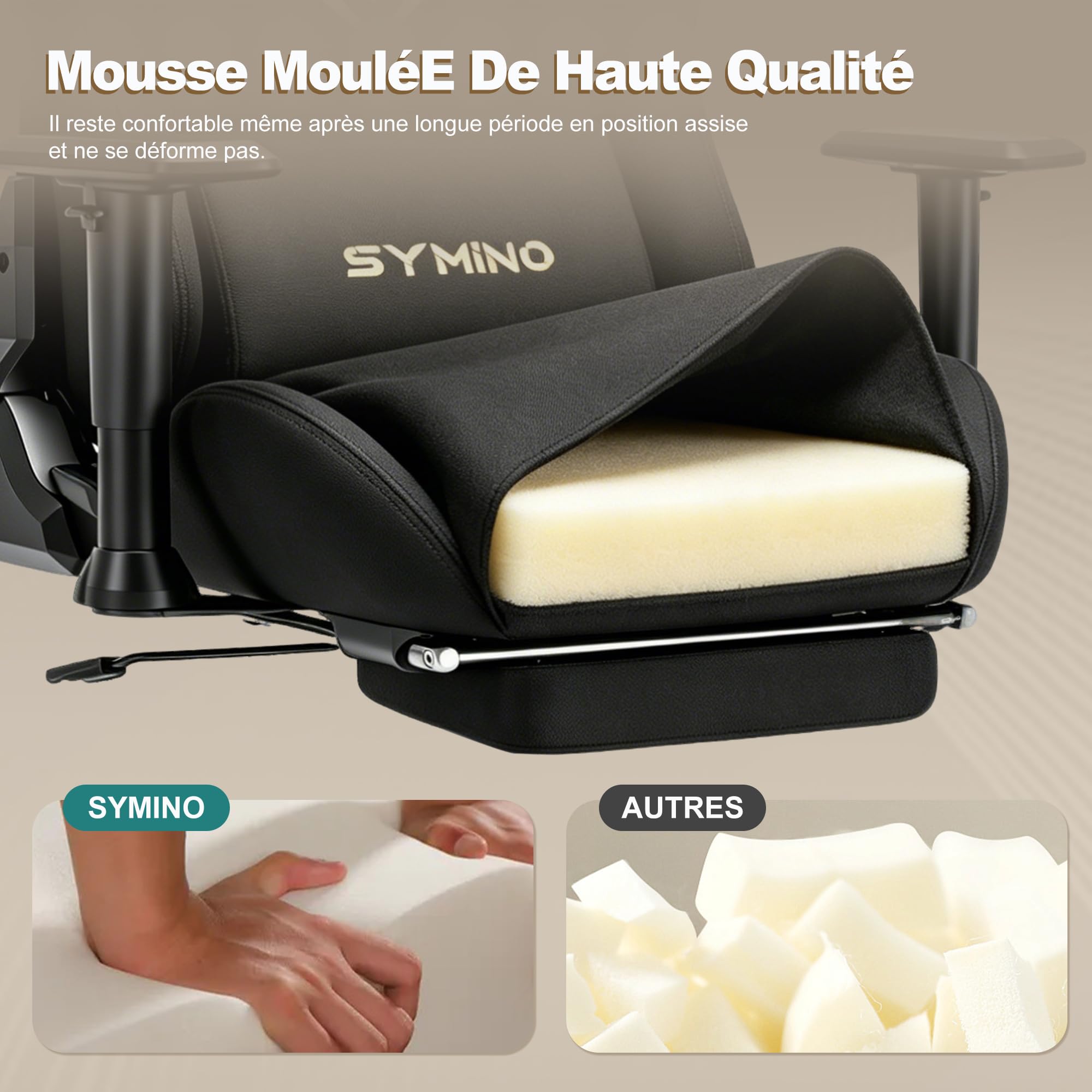 Symino Chaise Gaming Ergonomique et Fauteuil Gamer avec Repose-Pieds Télescopique Coussin à Ressorts, Support Lombaire et Hauteur Réglable 200kg (Faux Daim, Noir)