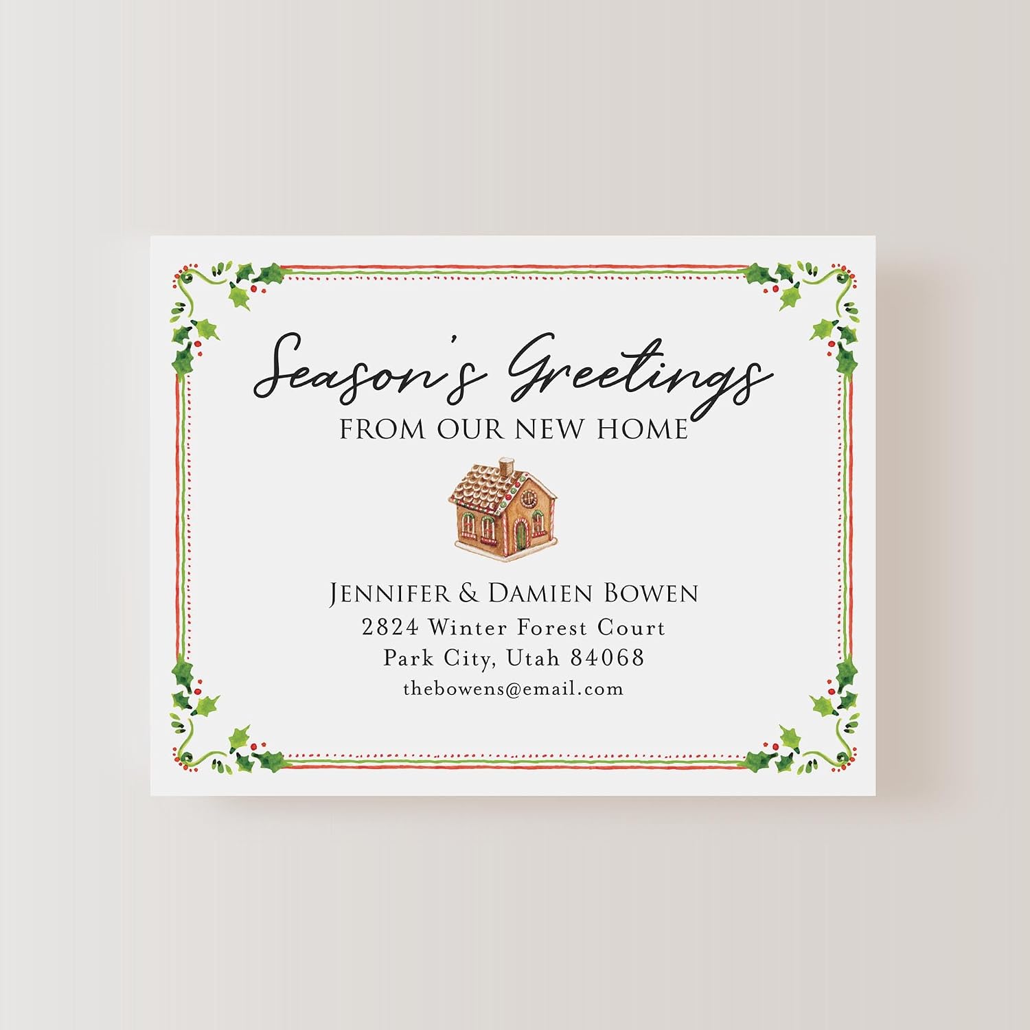 Christmas Holiday Gingerbread House New Home Moving Announcement Cards, Personalized Flat 5.5x4.25 Change of Address Notecards with Envelopes