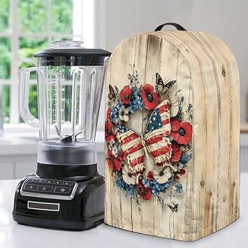 Blender Cover with Adjustable Drawstring Dustproof Water Resistant Polyester Taffeta Fabric Kitchen Appliance Protector Washable Home Decor Accessory, American Flag Flower Butterfly Print