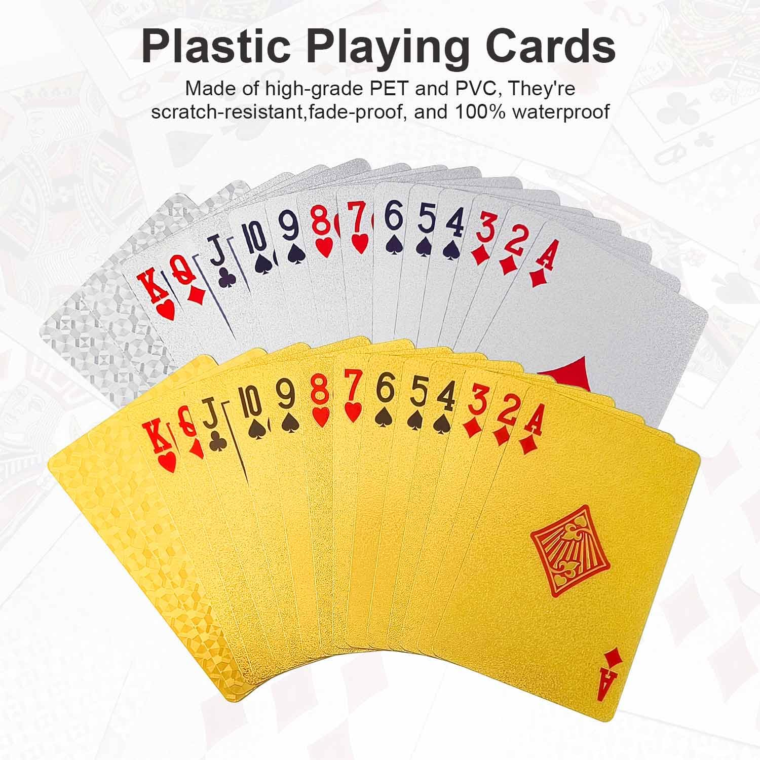 Wodoodporne karty do gry 2 zestawy, złote i srebrne, premium karty pokerowe z plastiku PET+PVC, z diamentowym teksturowaniem, trwałe i luksusowe wzornictwo do blackjacka, UNO, gier karcianych