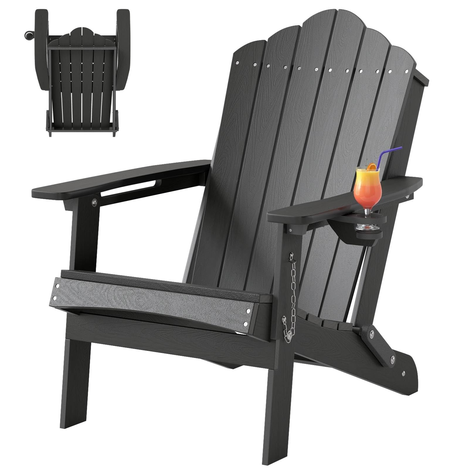 SFAREST Outdoor Adirondack Chair, Folding Slatted Armchair with Wide Armrests & Inclined Backrest, Patio Wooden Leisure Reclining Seat for Garden Backyard (Grey, with Cup Holder, 82 x 71 x 92cm)