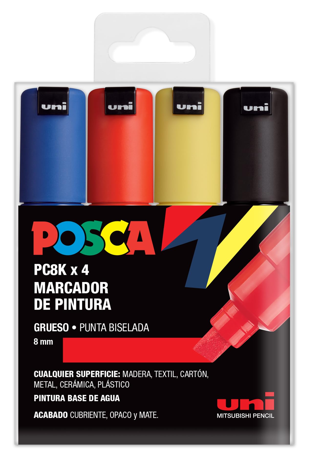 UNI Posca Estuche de 4 Rotuladores PC8K de Punta Biselada Colores Básicos