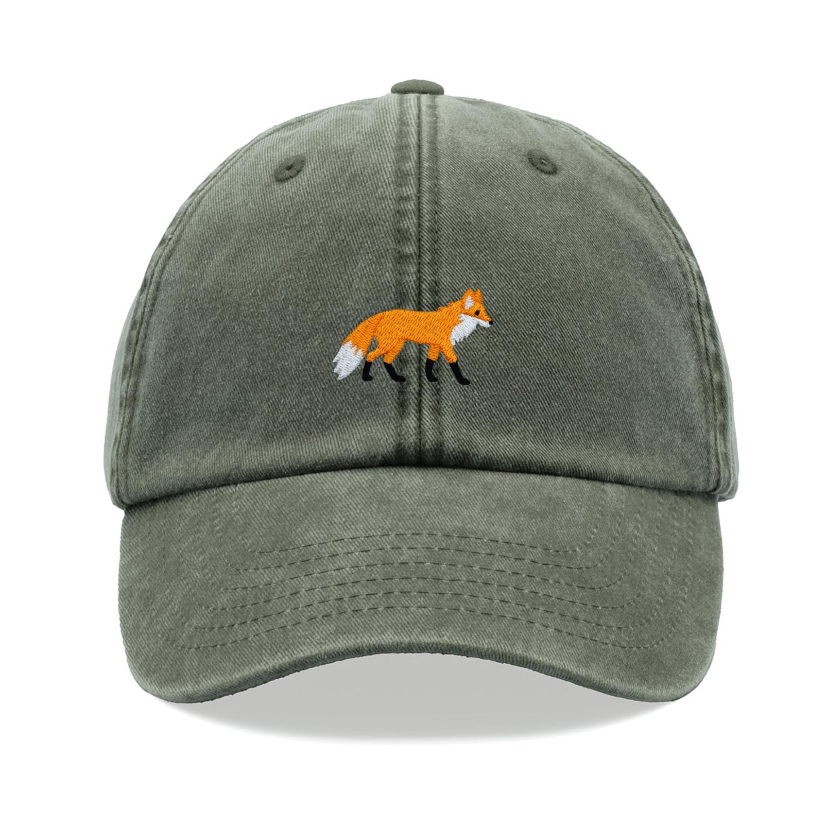 Fox Baseball Cap Vintage Washed Unisex Dad Hat Adjustable Olive