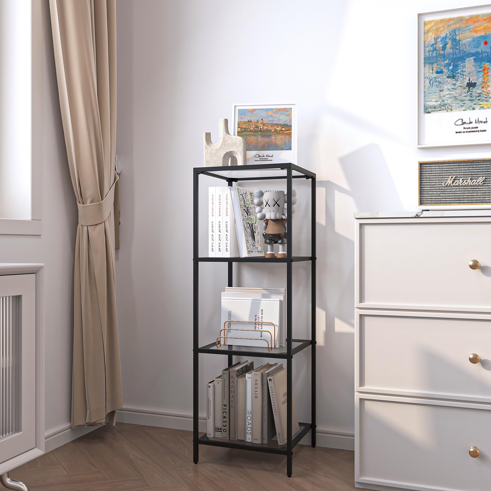 Homhedy 4-Tier Bookshelf,Metal Bookcase,Tempered Glass Shelves,Storage Rack Shelf for Home Office,Living Room,Bedroom, Bathroom,Modern Style, Black