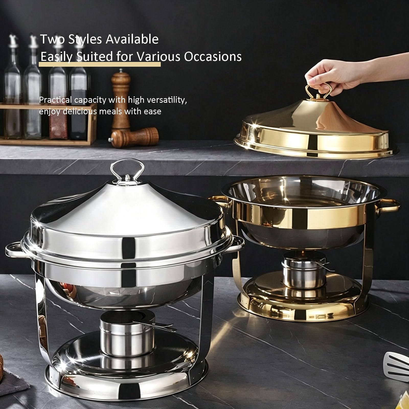 Calentadores De Alimentos De 9 litros para Buffet (9L,Sliver) | Soportes Para Combustible, Calentadores De Buffet Redondos Con Gancho, Para Bodas, Hoteles, Fiestas Y Banquetes