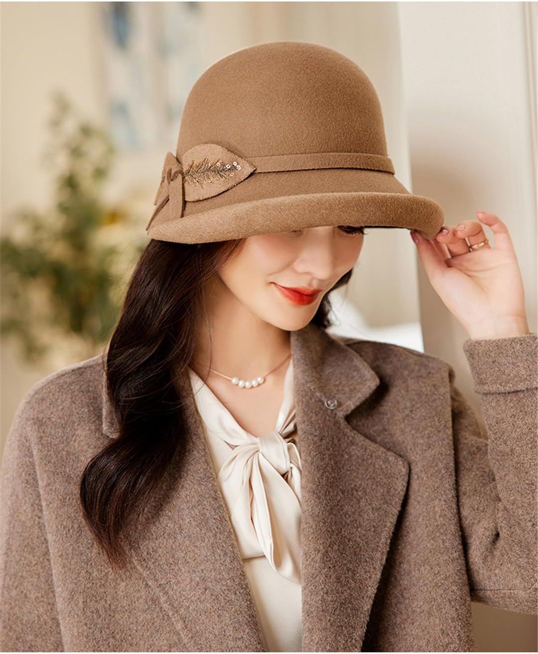 ERFMFKL Women Solid Color Winter Hat Headwear Wool Cloche Hat Ladies Asymmetrical Fedora Felt Top Hats
