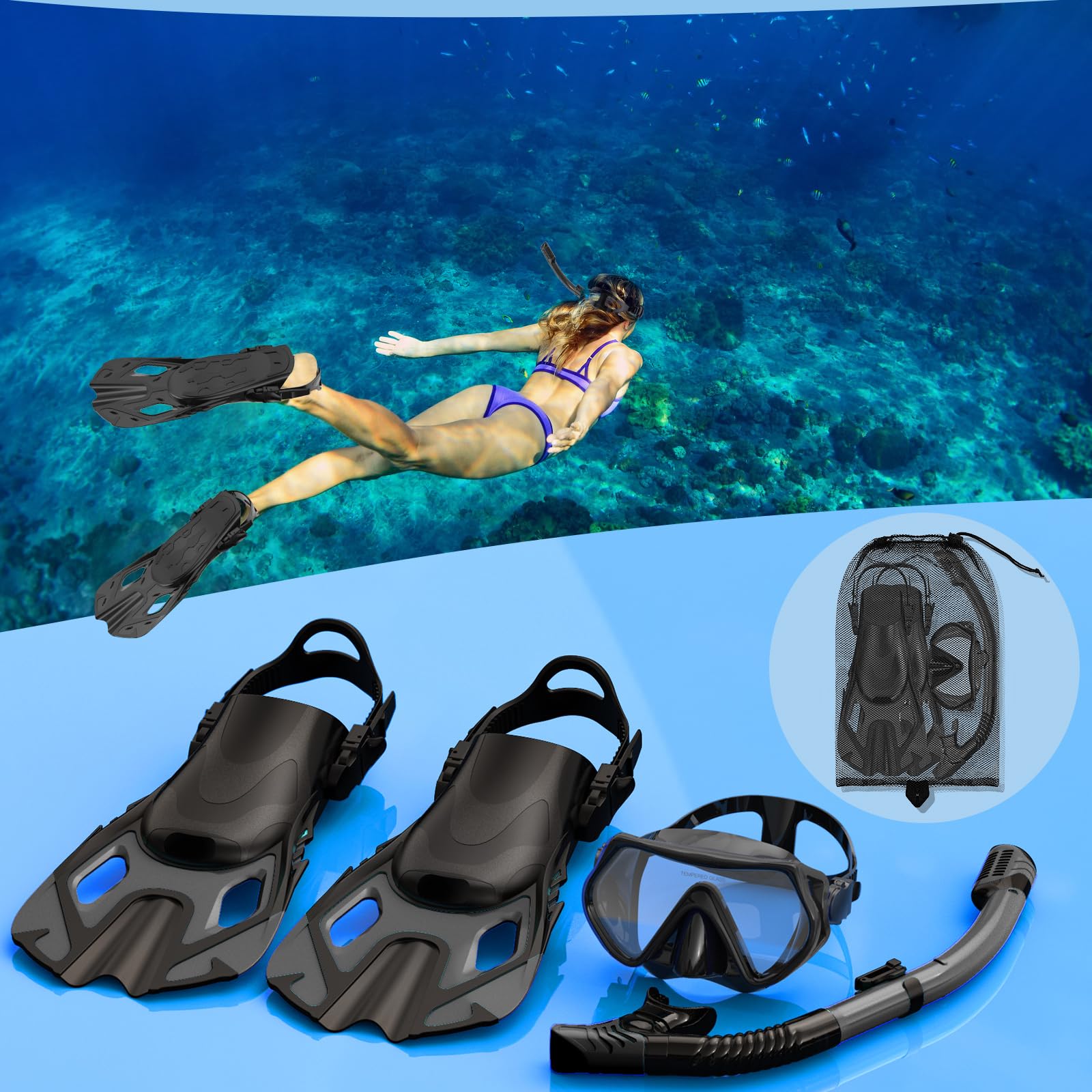 Sprzęt do nurkowania dla dorosłych, zestaw do snorkelingu z maską, do nurkowania na sucho, zestaw do nurkowania, podróżny pakiet do nurkowania, panoramiczny widok przeciwmgielny zapobiegający wyciekom