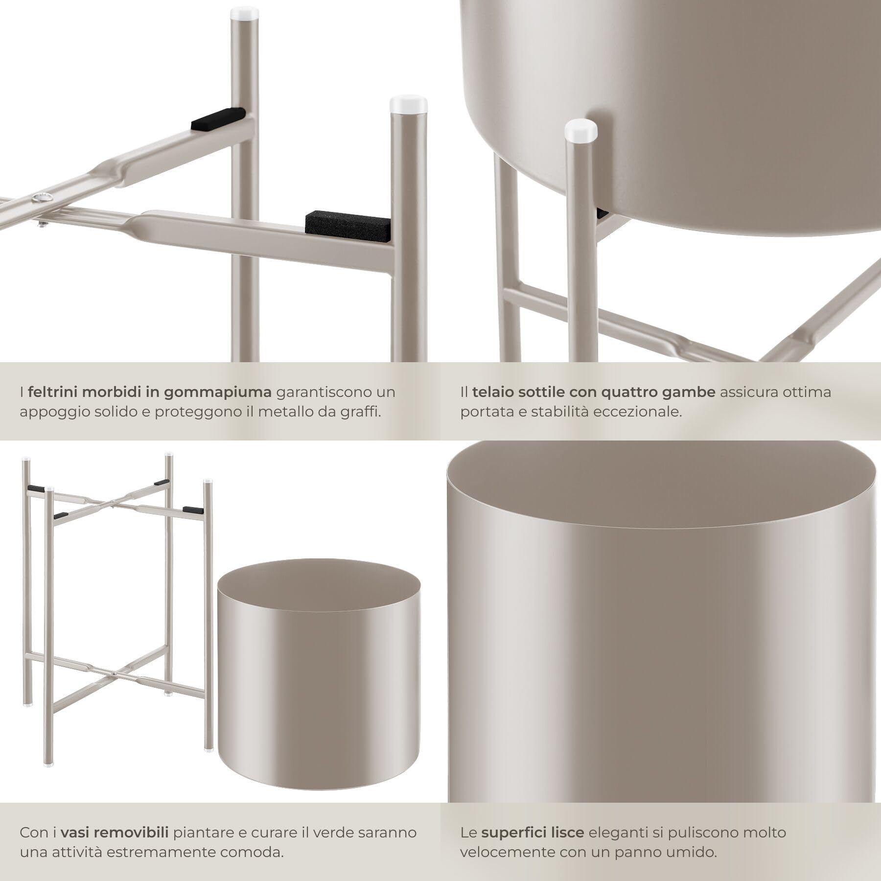 tectake® Set da 2 Portapiante, Portavasi, Supporto Piante per Esterno, Giardino, Balcone e Interno, Acciaio Verniciato, Vasi Rimovibili, Cuscinetti Antiscivolo, Arredamento casa Vaso Piante - Tortora