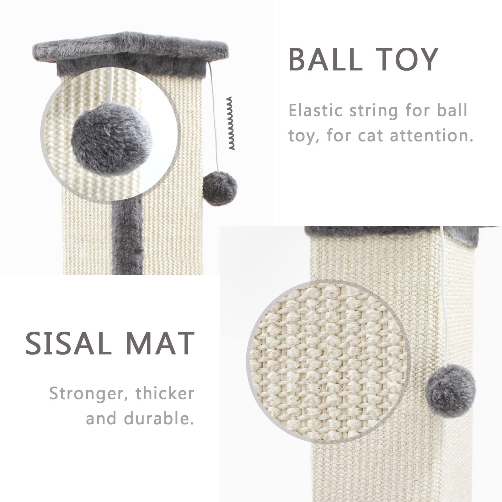 SONGWAY Tiragraffi Alto per Gatti – Albero Tiragraffi per Gatti in Corda di Sisal Naturale con Palla Appesa, Giocattolo Tiragraffi Gatto, Grigio