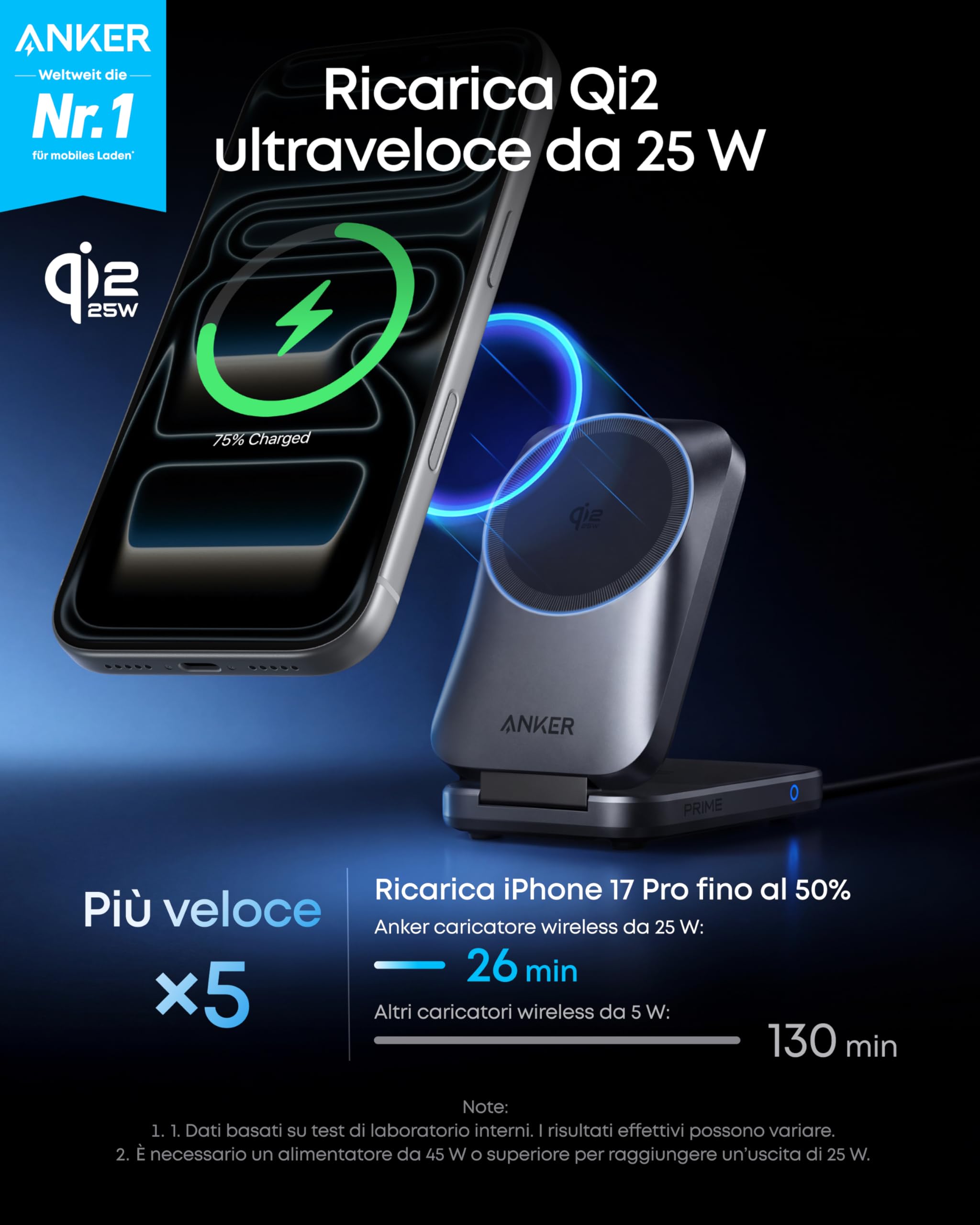 Anker Prime Caricatore Wireless iphone 3 in 1, MagSafe Compatibile, Certificata Qi2.2 da 25W, Pieghevole e Compatta. Ricarica iPhone 17/16, Apple Watch, AirPods (Senza Batteria, Adattatore Incluso)