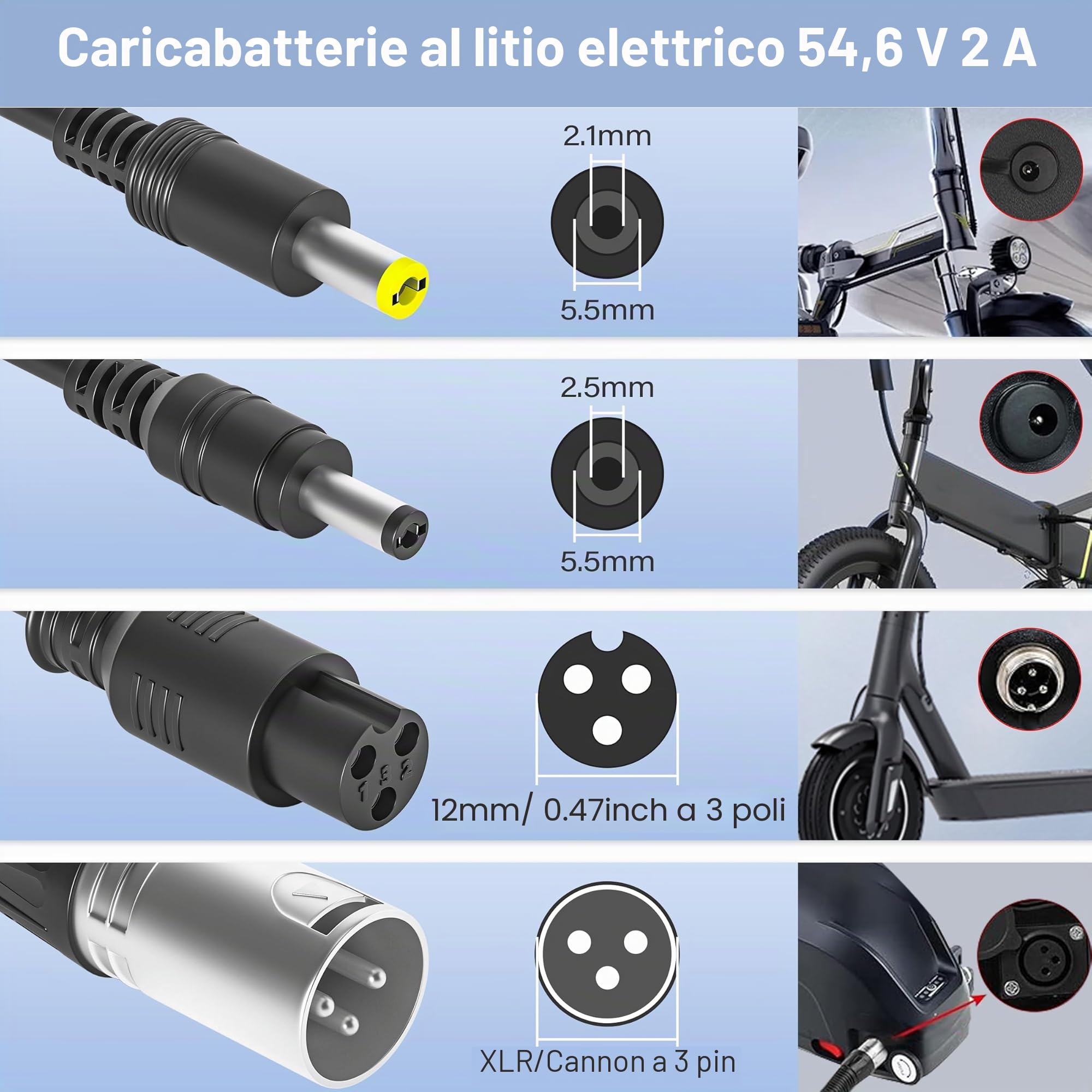 Caricatore Monopattino Elettrico per Kugoo M4/M4 Pro, 54.6V 2A Batteria Caricabatterie Hoverboard per Gotrax G2 G3 G4, Evercross H5, Hitway H5/H5 Pro, UrbanGlide E-Cross Pro Scooter Elettrico
